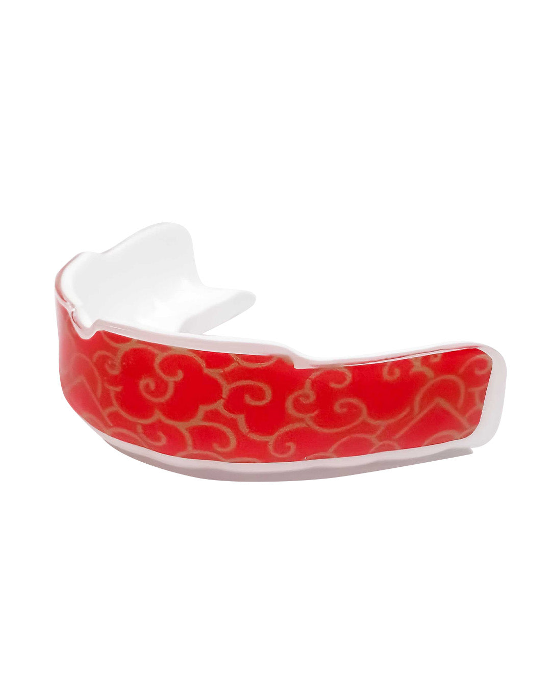 The FUJI Quick Fit Mouth Guard with case in Red Gold Cloud features a swirling red and gold pattern with white interior and edges, displayed on a plain white background.