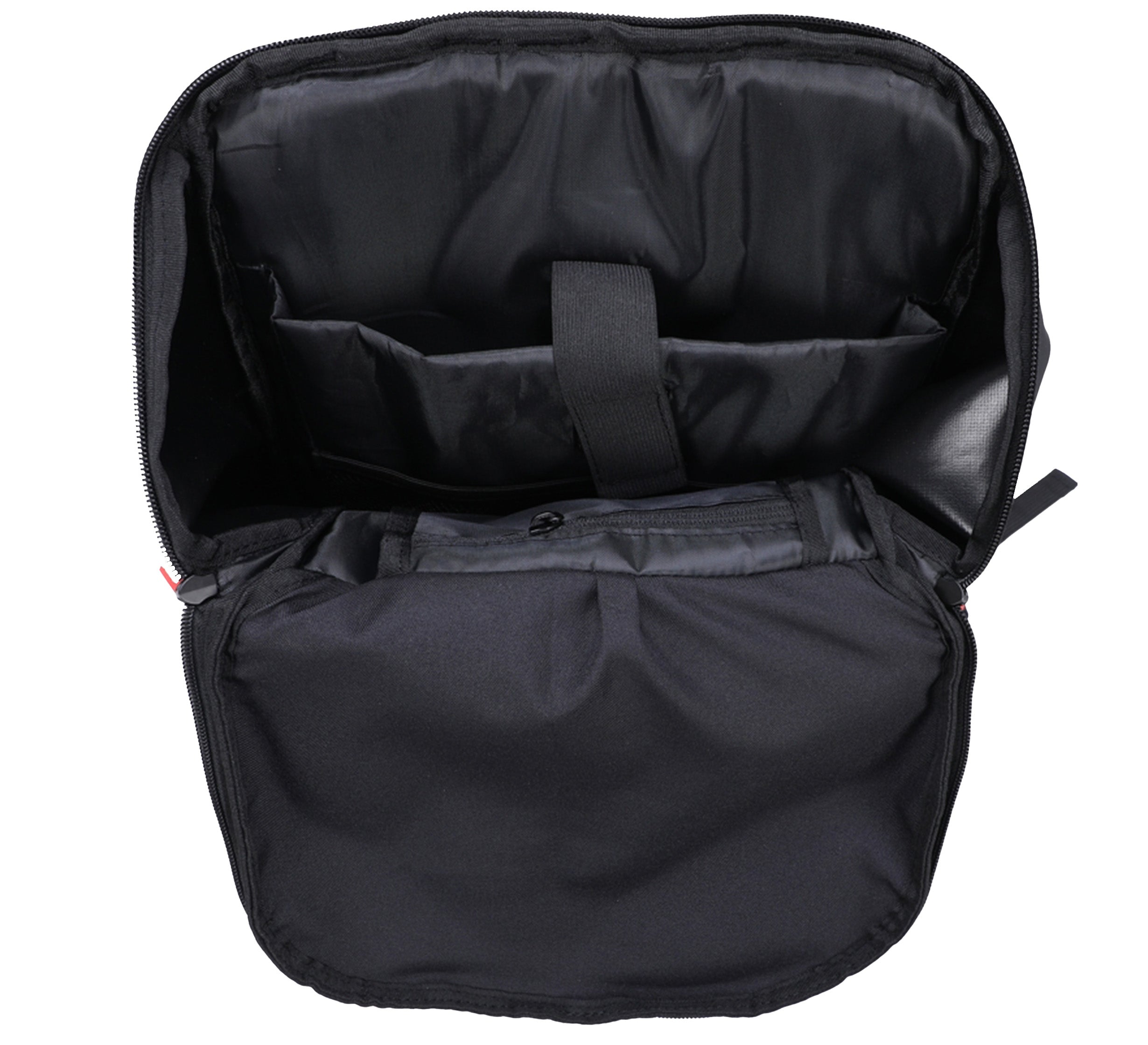 The Urban Day Backpack Black is open, revealing a roomy main compartment with padded dividers, an inner securing strap, and visible lining and zipper. The bag is empty.