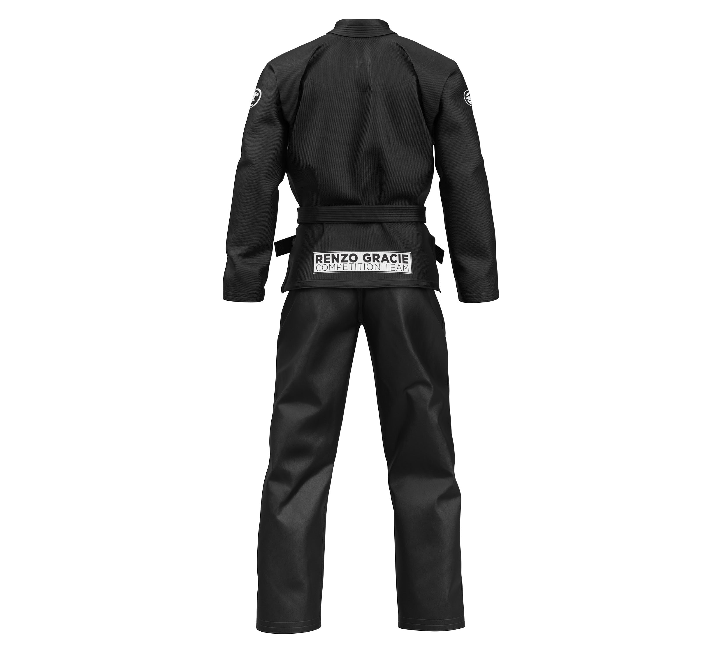 The Kids Renzo Gracie Competition BJJ Gi Black is shown from the back, featuring a jacket, pants, belt, and a white "Renzo Gracie Competition Team" patch sewn onto the lower back of the jacket.