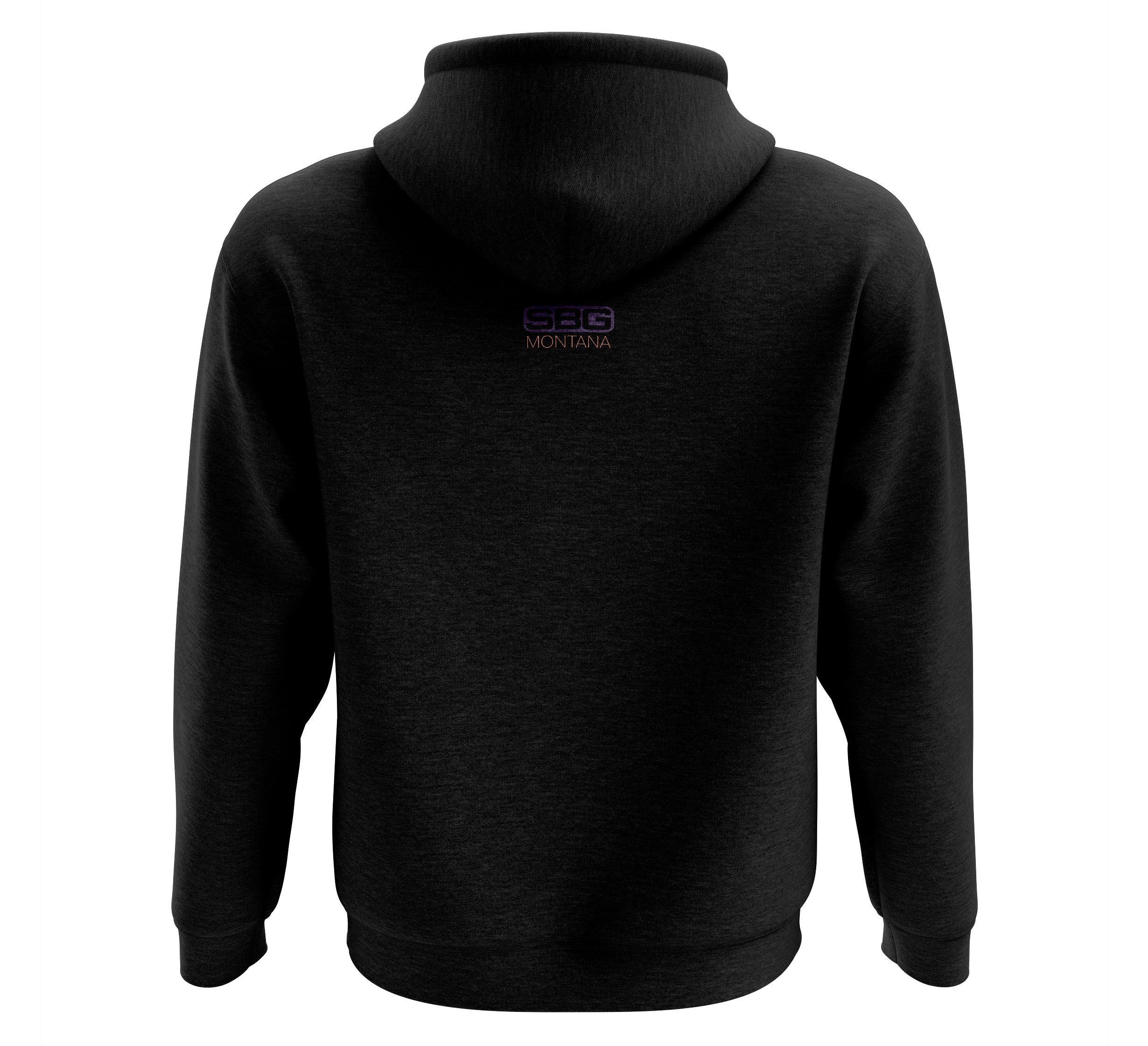 The SBG Montana Themed Hoodie is a black hooded sweatshirt featuring "SBG MONTANA" in small purple and yellow letters at the upper center back below the hood.