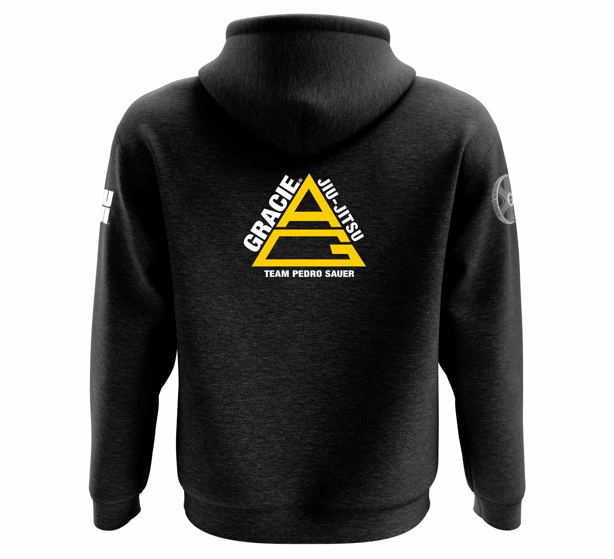 The Pedro Sauer Pullover Heavyweight Hoodie Black features a large yellow Gracie Jiu-Jitsu Team Pedro Sauer logo on the back and smaller logos on each sleeve.