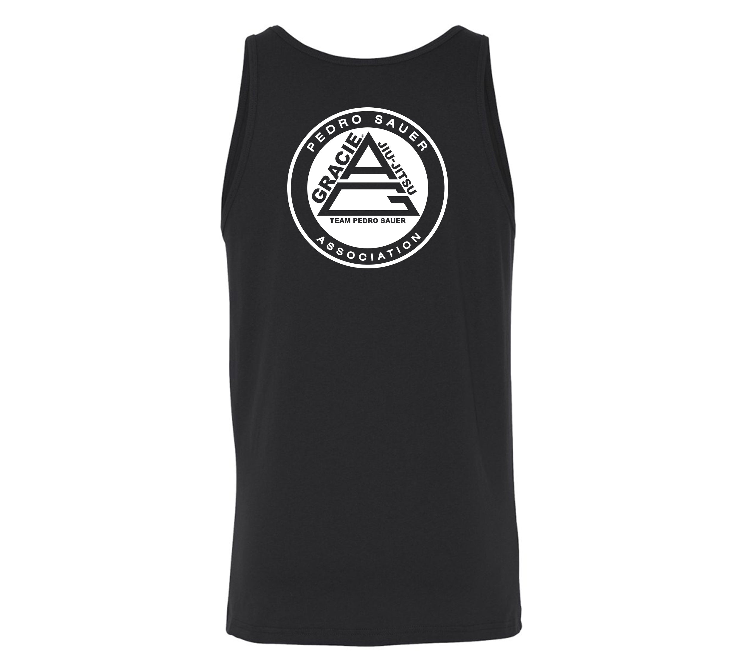Pedro Sauer Tank Top Black features a large white circular logo on the back with "Pedro Sauer Gracie Jiu-Jitsu Association" and a triangle design reading "Team Pedro Sauer" inside.