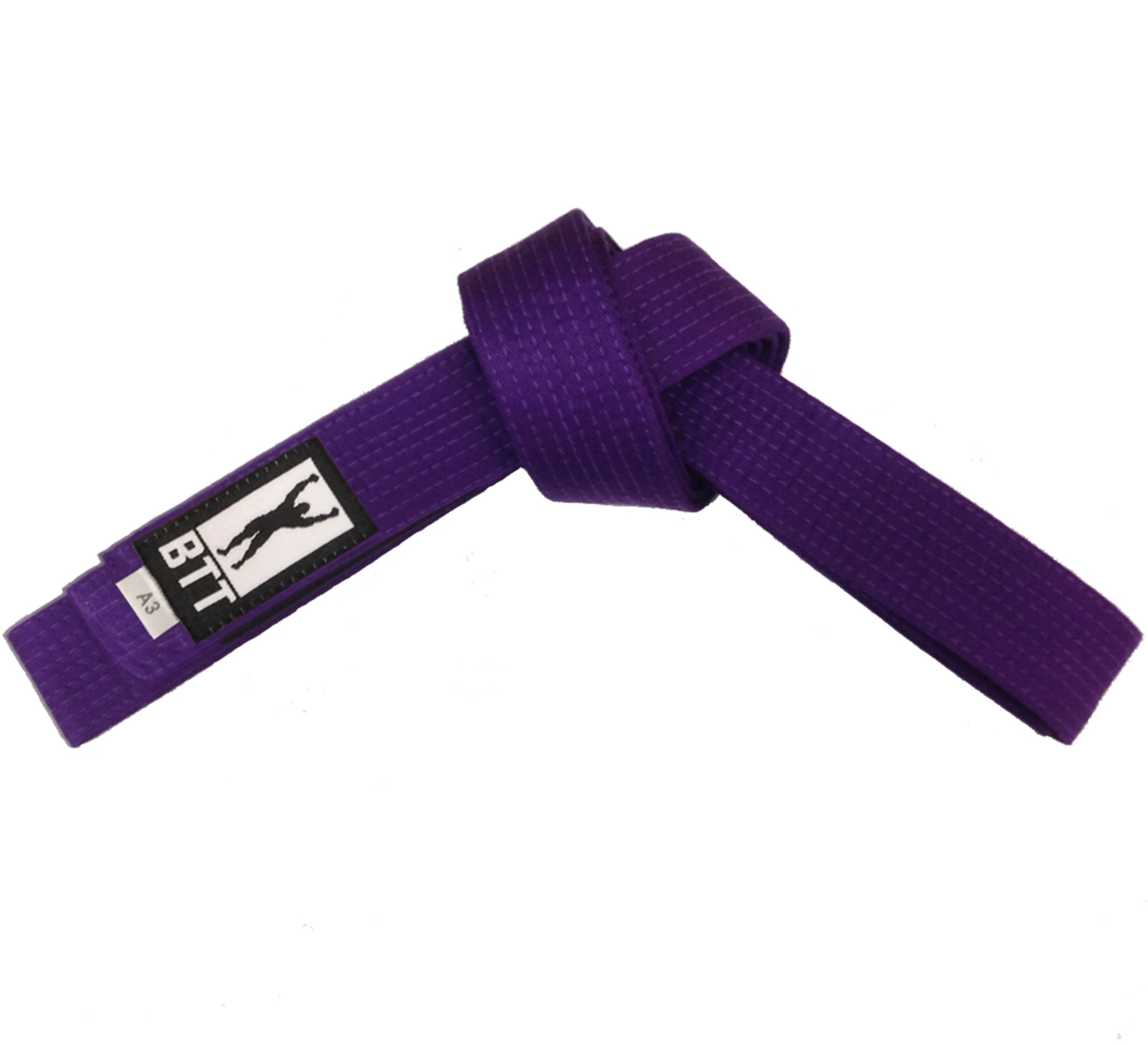 The BTT Belt Purple is a neatly tied Brazilian Jiu-Jitsu purple belt featuring a black patch with a silhouette logo and the letters BTT on one end.