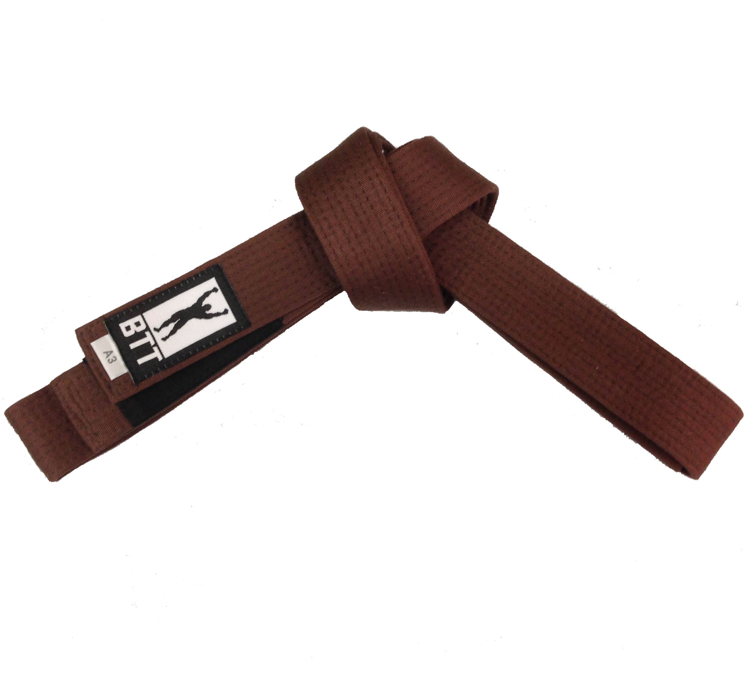 The BTT Belt Brown, size A3, features a black and white BTT patch and is neatly tied in a knot on a white background.