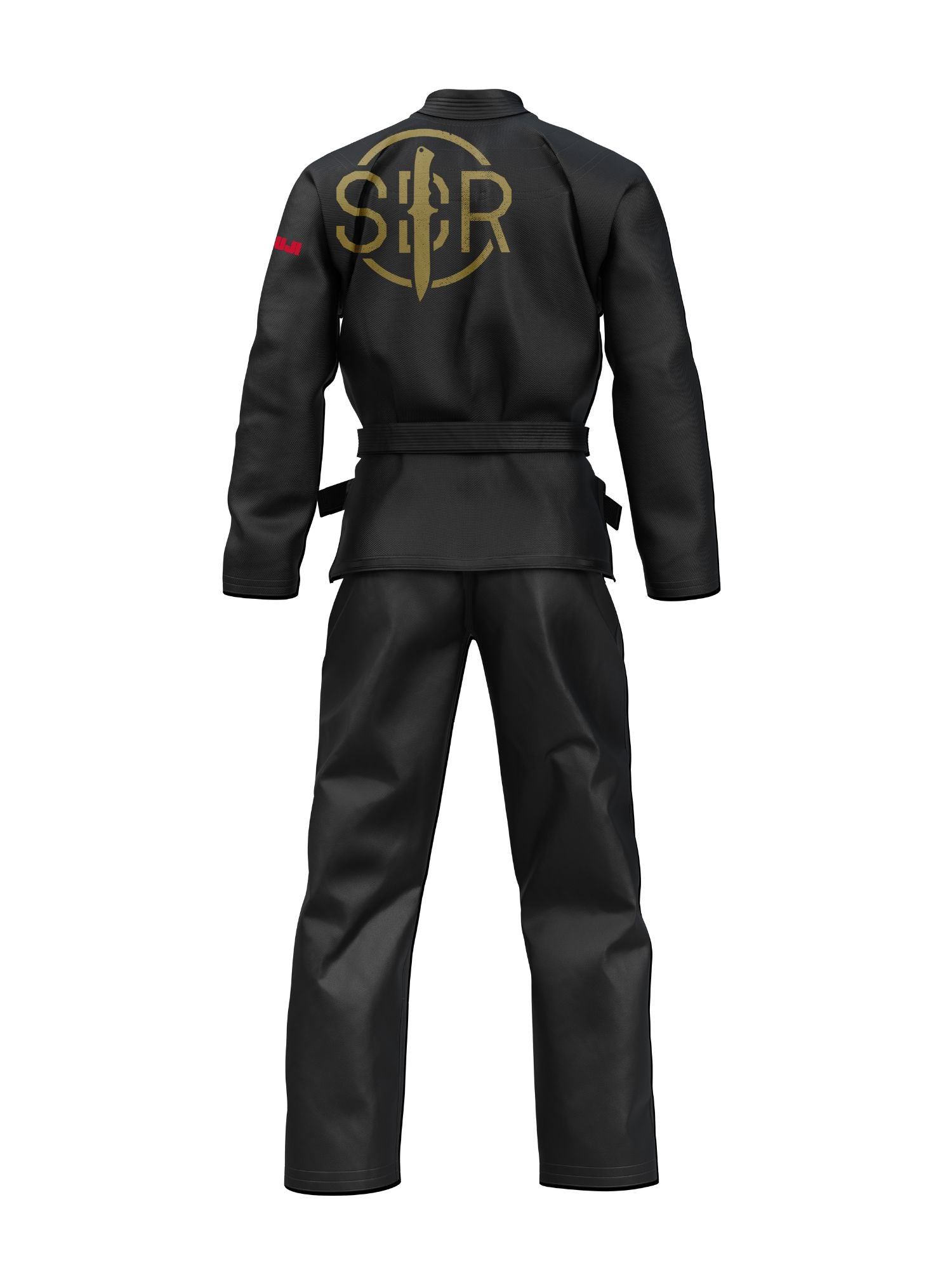 The Kids Sheepdog Response Standard Suparaito BJJ Gi Black is shown from the back, featuring a gold SBR logo with a sword design on the upper jacket. This gi includes a matching black belt and red embroidery on the left sleeve.