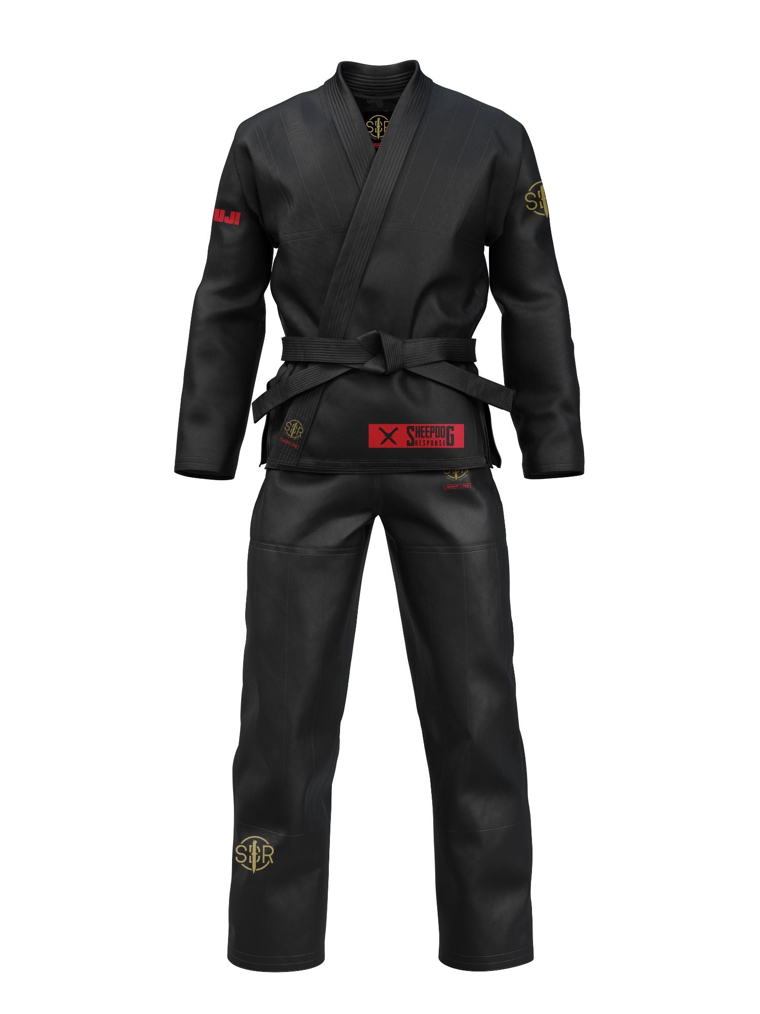 The Kids Sheepdog Response Standard Suparaito BJJ Gi in black, featuring a matching black belt and gold and red embroidered patches on both the jacket and pants, is displayed against a plain white background.