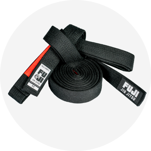 A coiled and neatly folded black Brazilian Jiu-Jitsu belt with Fuji Jiu Jitsu branding and a red stripe on one end, displayed on a white background.