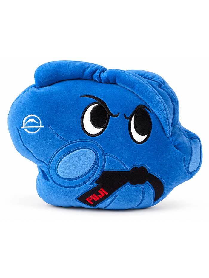 Pochi Piro Pillow Blue character-shaped plush pillow with an angry expression, wearing a black martial arts belt embroidered with the word FUJI.