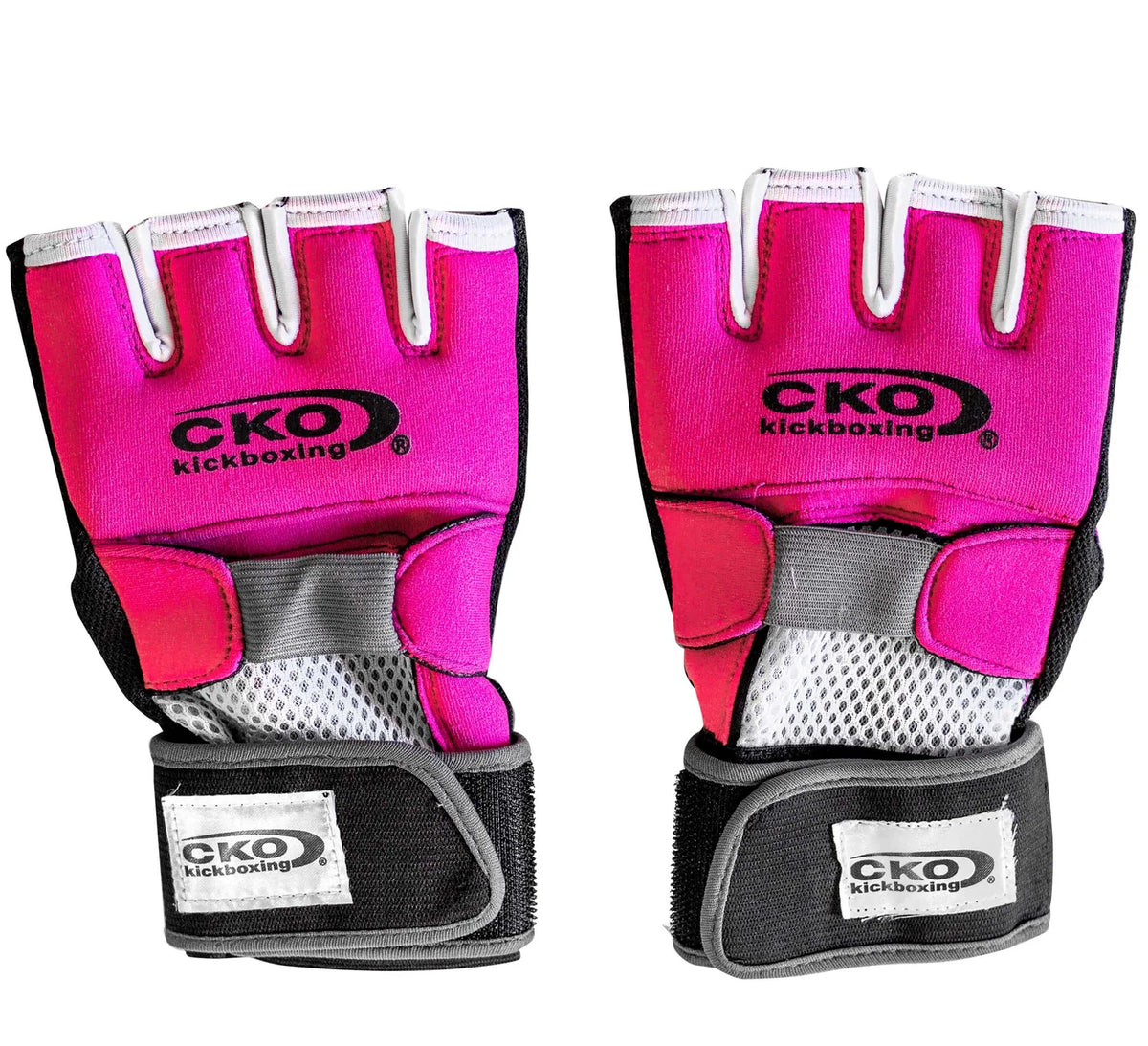 The CKO Pink Gloves and Gel Wraps Bundle features a pair of fingerless kickboxing gloves in pink, black, and white with velcro straps and breathable mesh fabric on the palm side, displayed against a white background.