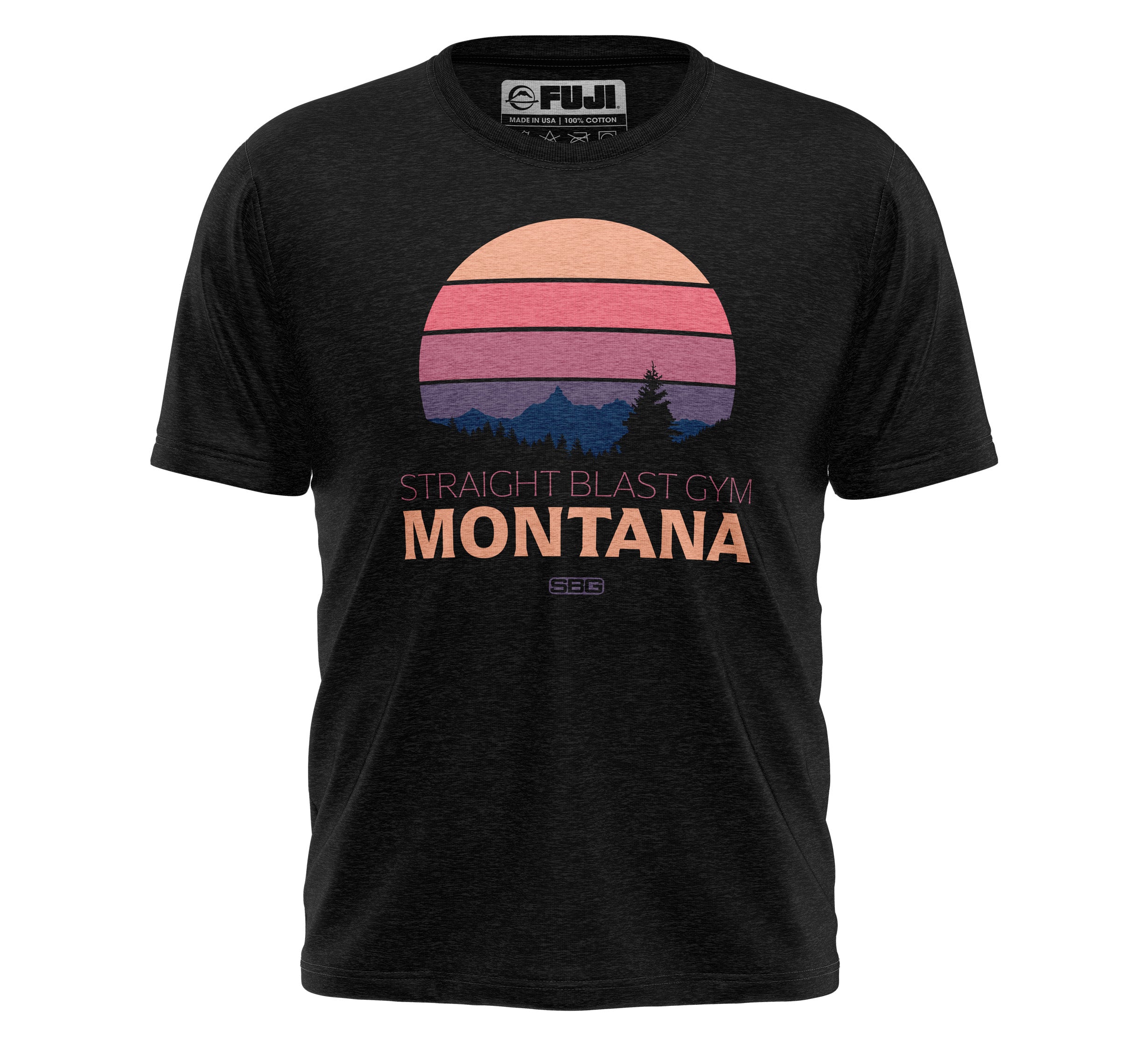A black SBG Montana Themed T-Shirt featuring a graphic design.