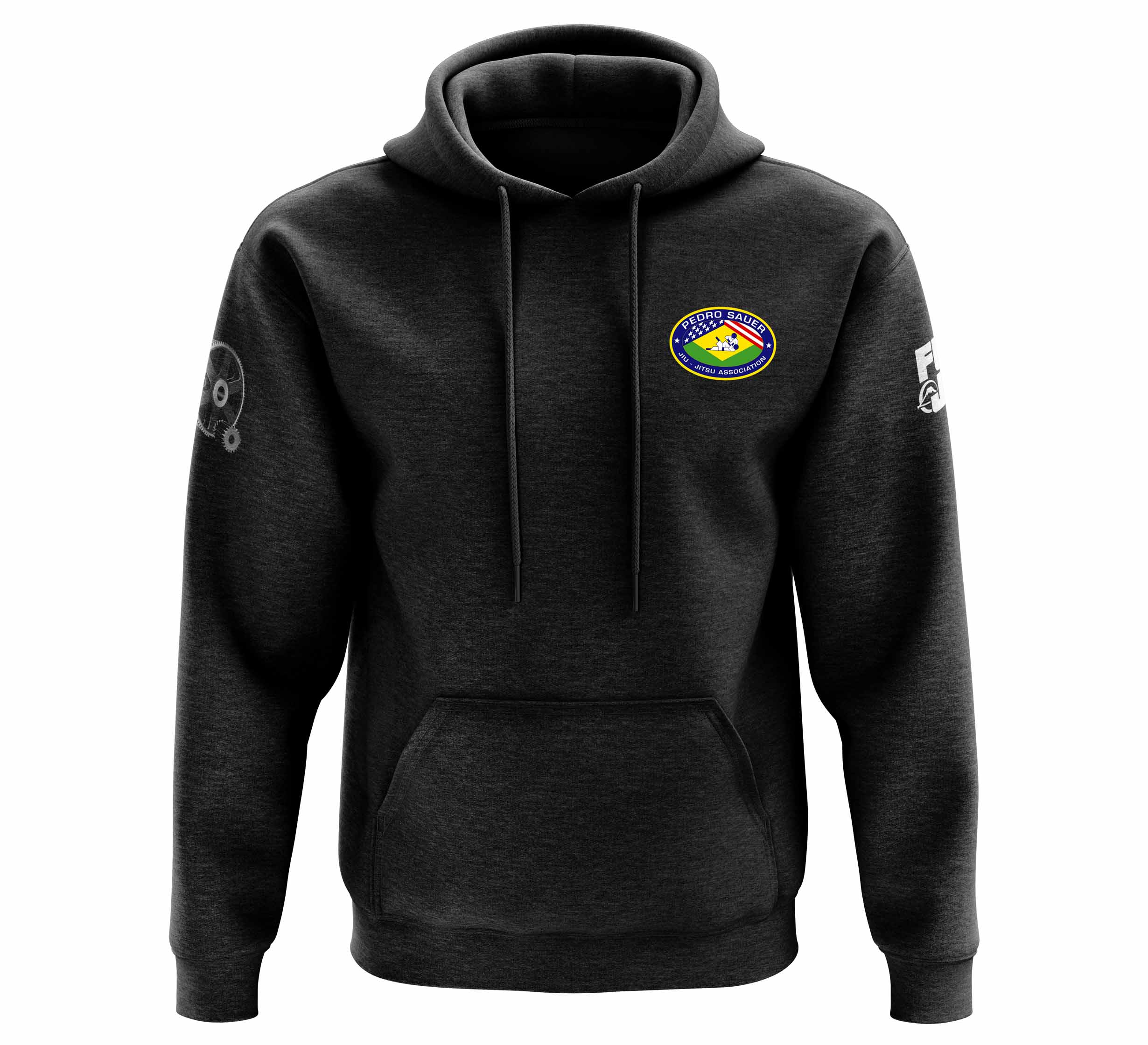 The Pedro Sauer Pullover Heavyweight Hoodie Black features a colorful oval chest patch, two white logos on the right sleeve, a roomy front pocket, drawstrings, and soft, slightly textured fabric.