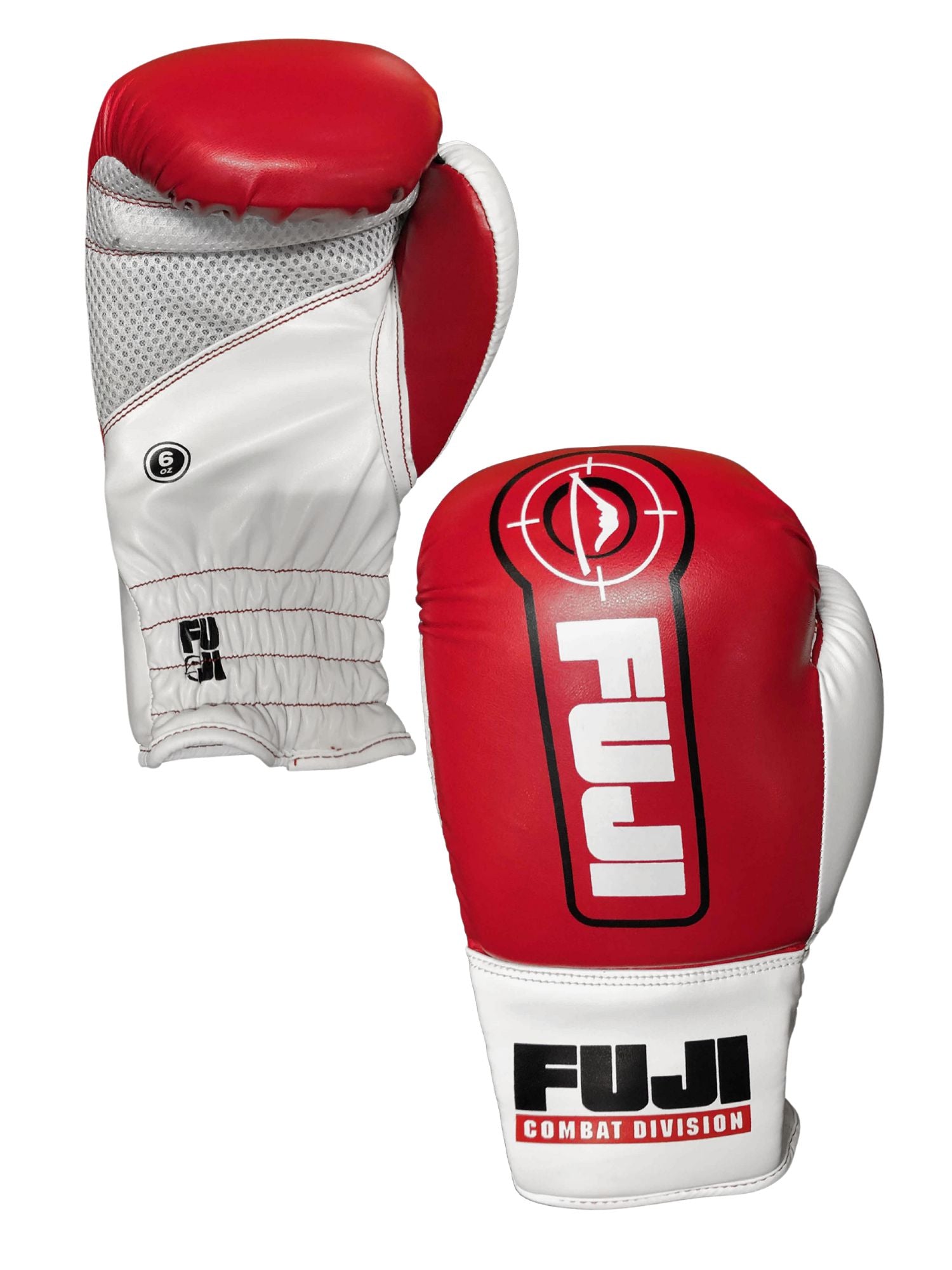A pair of Kids Boxing Gloves Red & White. One glove displays the "FUJI" branding and target logo on the back, while the other shows mesh ventilation and white laces on the palm side.