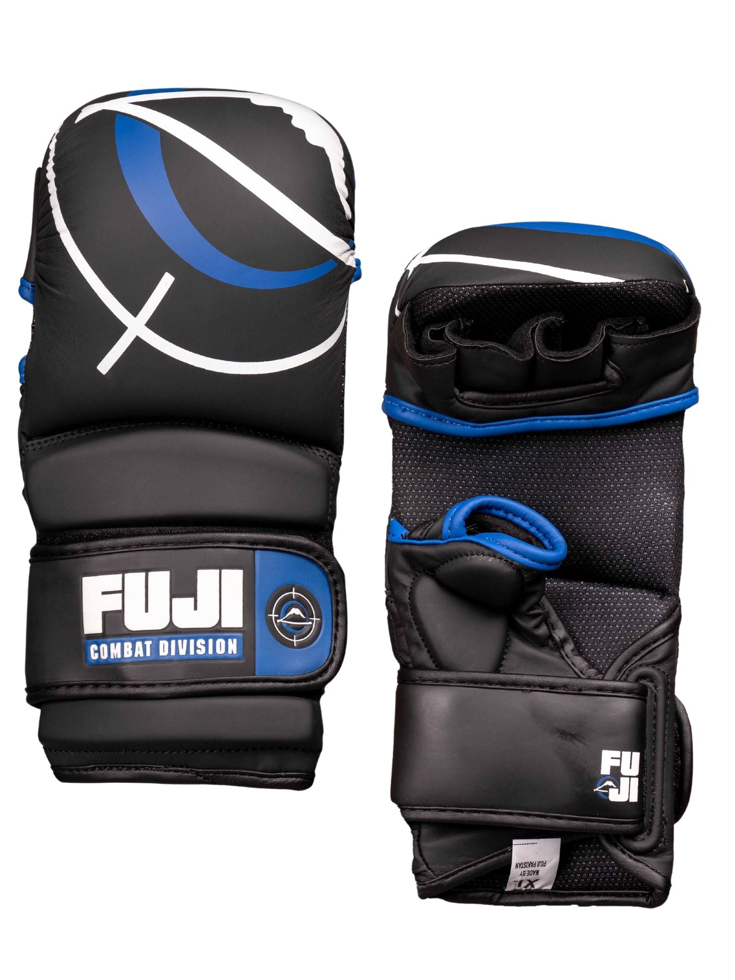 A pair of black Precision Striking Hybrid MMA Gloves with blue and white accents. One glove displays the palm side with finger openings, while the other shows the back featuring branded details.