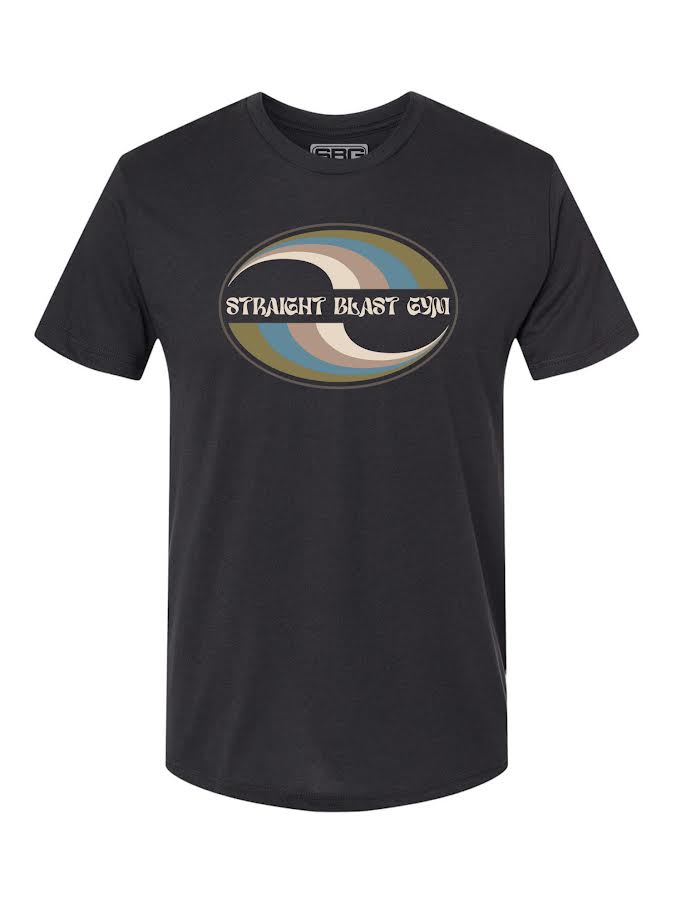 The SBG Flow Like Water T-Shirt in Graphite Black features an oval logo with curved blue, tan, and brown stripes, plus "STRAIGHT BLAST GYM" printed in white across the front.