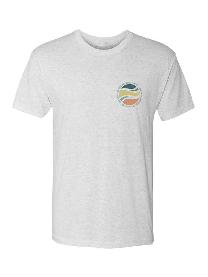 The SBG Flow Like Water Youth T-Shirt in Heather White features a small, circular multicolored abstract logo with text on the left chest. Displayed on a white background.