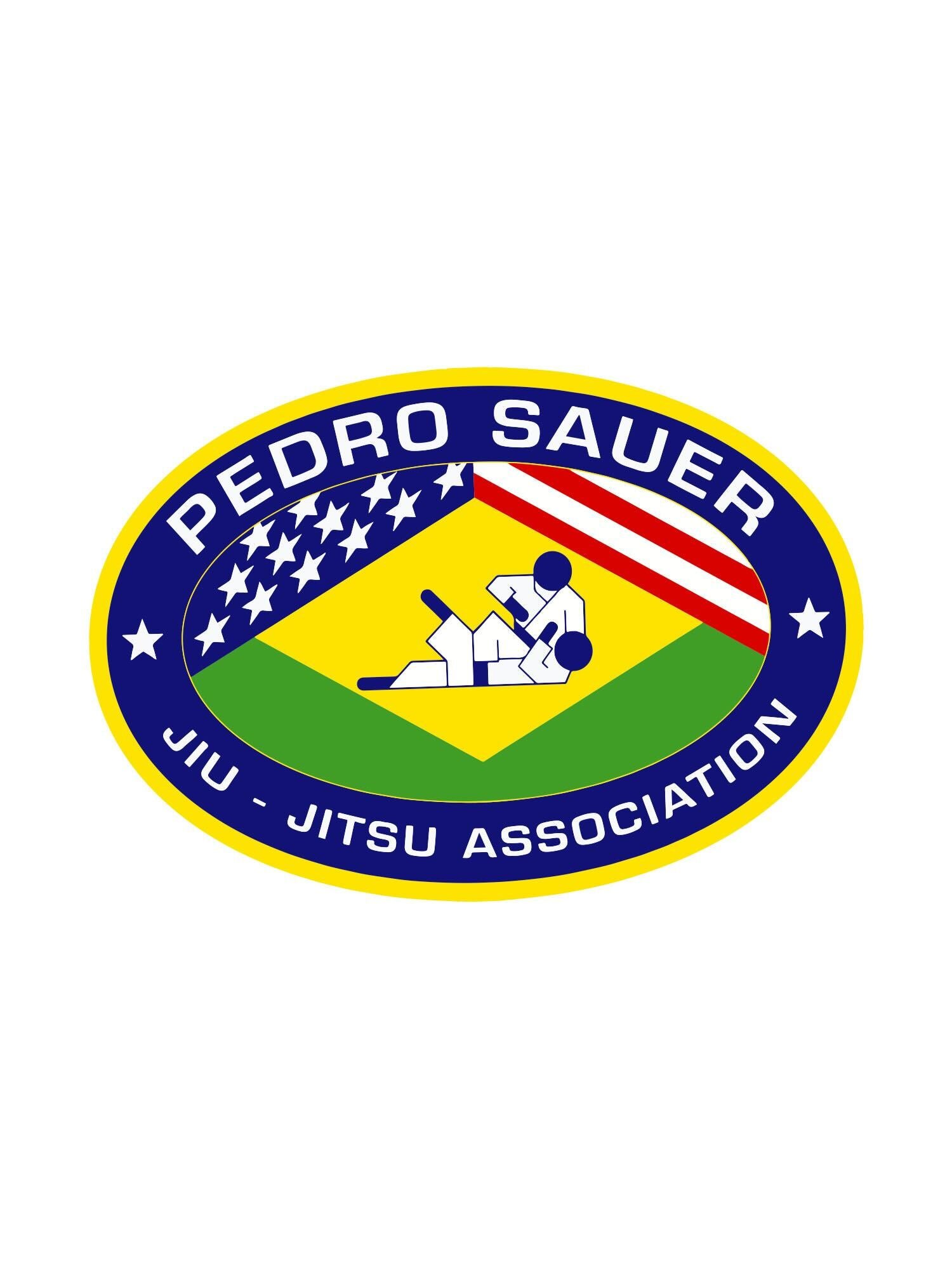 The Pedro Sauer Oval Patch features the Jiu-Jitsu Association logo, American and Brazilian flag elements as the background, and two white silhouettes practicing jiu-jitsu in the center.