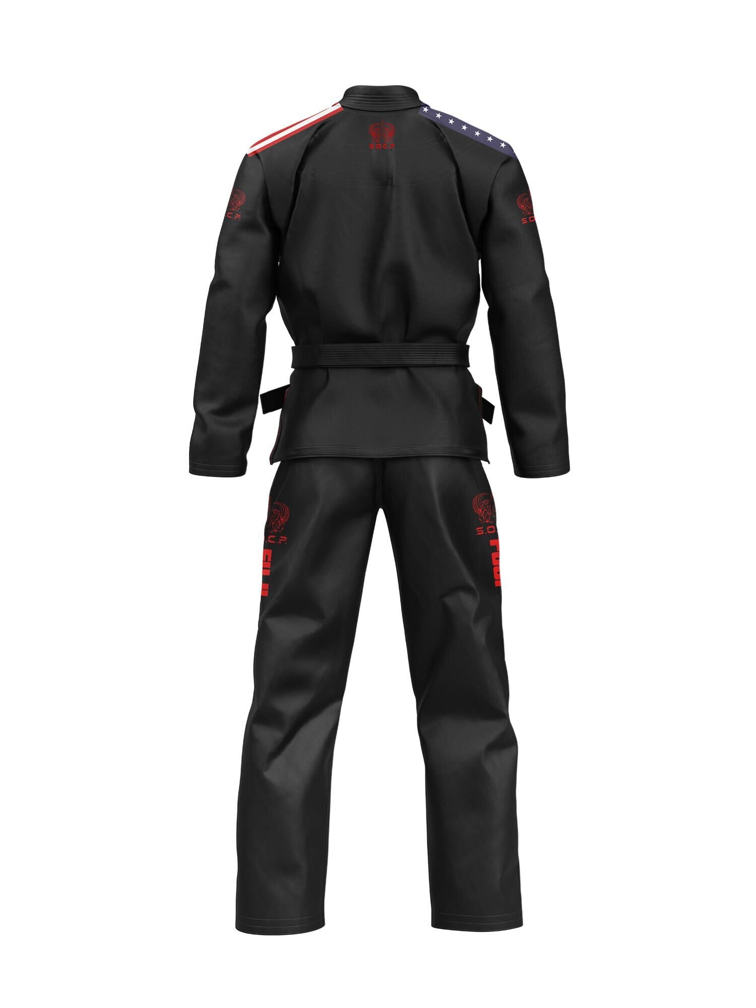 The S.O.C.P. Sekai BJJ Gi 2.0 Black is shown from the back, displaying red text and designs on the sleeves and legs, an American flag pattern on the right shoulder, and includes a black belt.