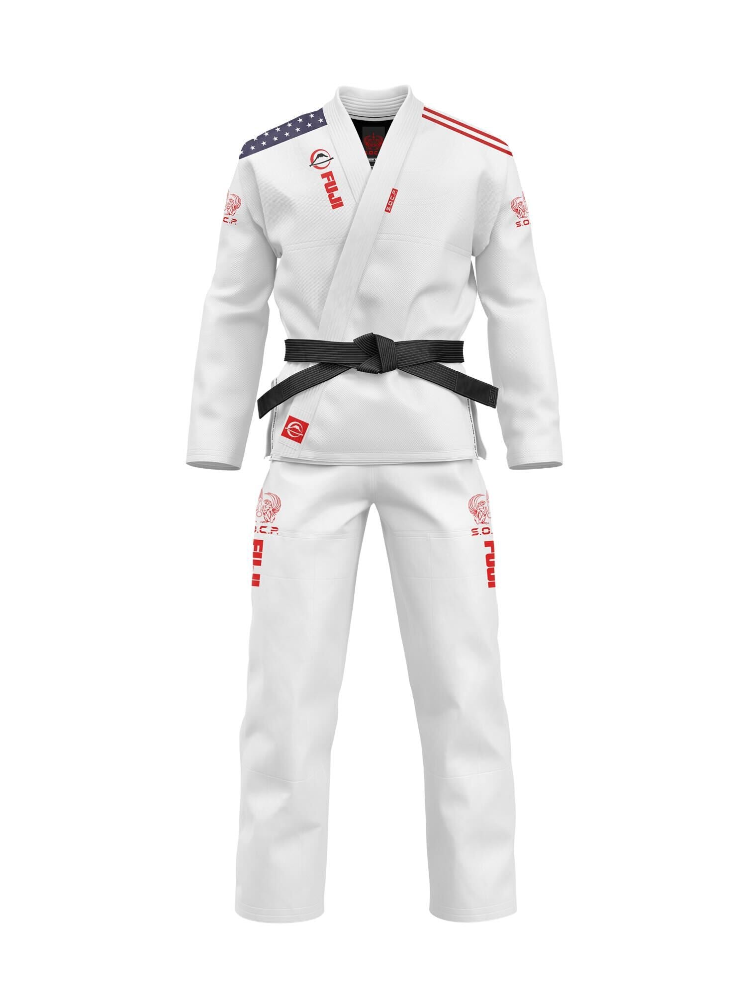 The S.O.C.P. Sekai BJJ Gi 2.0 White features red and blue accents, an American flag patch on the shoulder, and red logos, shown on an invisible mannequin with a black belt tied at the waist.