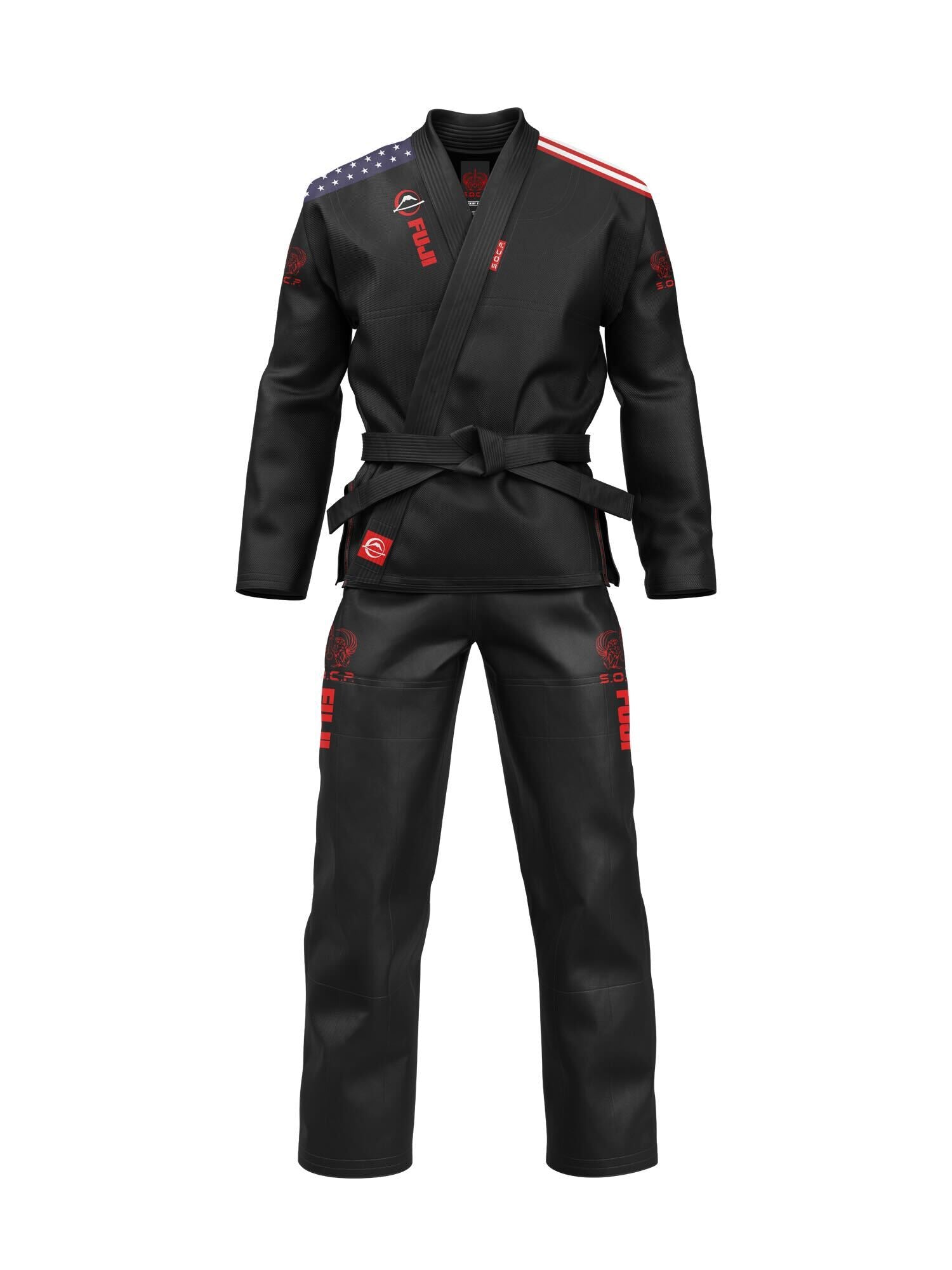 The S.O.C.P. Sekai BJJ Gi 2.0 Black features red and white logos, an American flag design on the right shoulder, and comes with a black belt tied at the waist, shown against a plain white background.