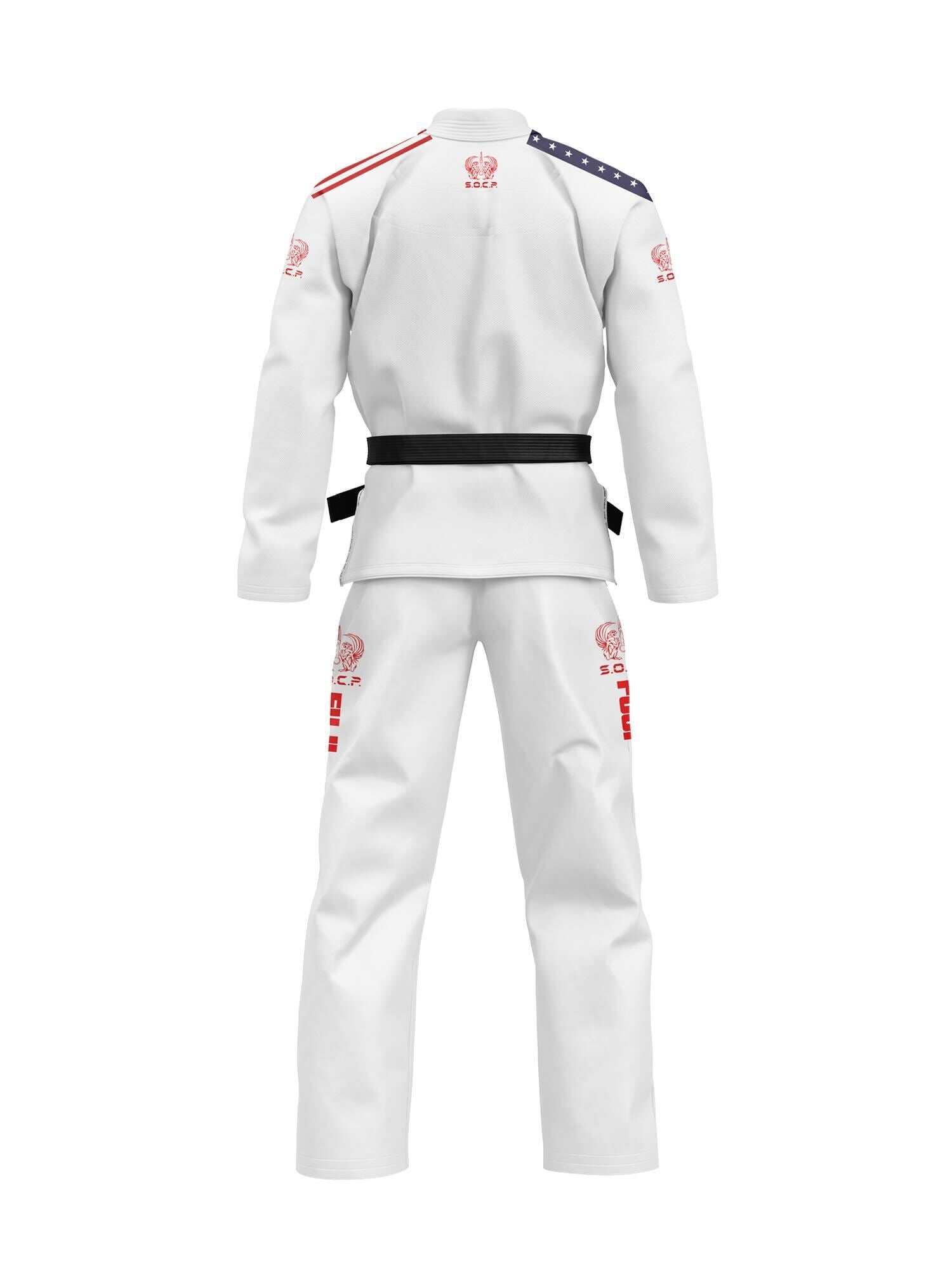 The S.O.C.P. Sekai BJJ Gi 2.0 White features a black belt, red and blue shoulder stripes, and red logos and text on the back of the jacket and pants.