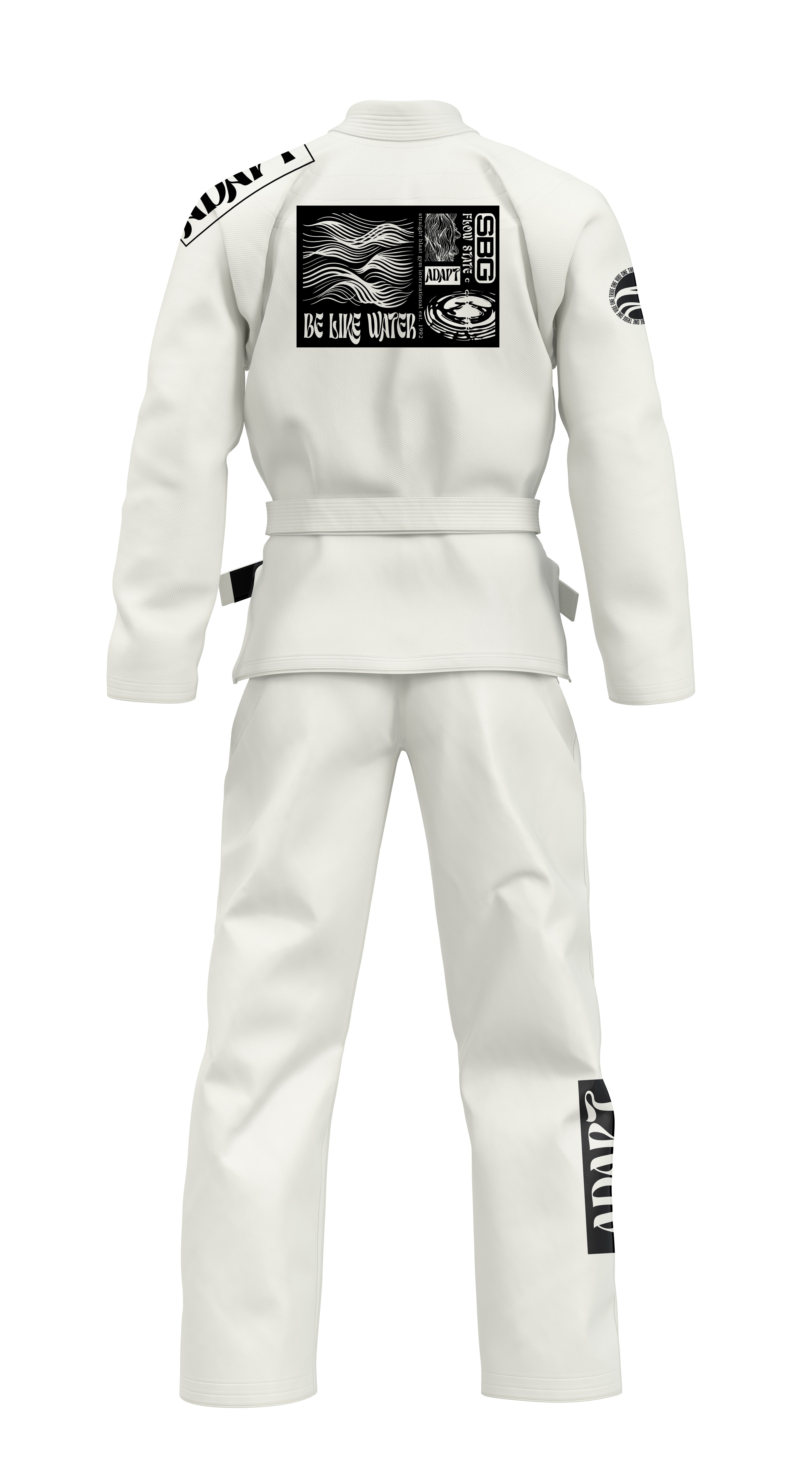 The SBG Flow Like Water Suparaito BJJ Gi in Natural White is shown from the back with black patches, text such as “BE LIKE WATER,” and various graphic designs and logos on the back, shoulders, and left pant leg.