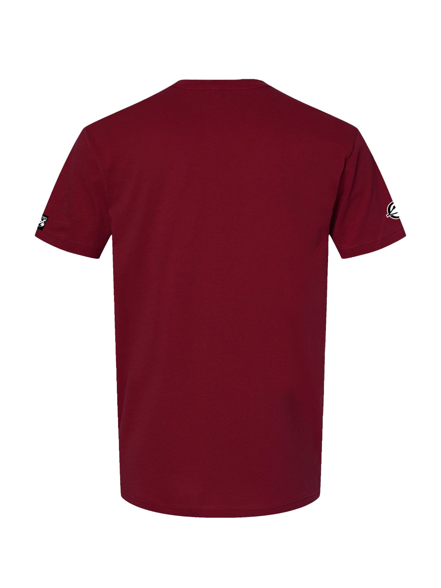 The We Defy Retro Star Cardinal T-Shirt Red is a plain maroon short-sleeve tee shown from the back, featuring small white logos on both sleeves.