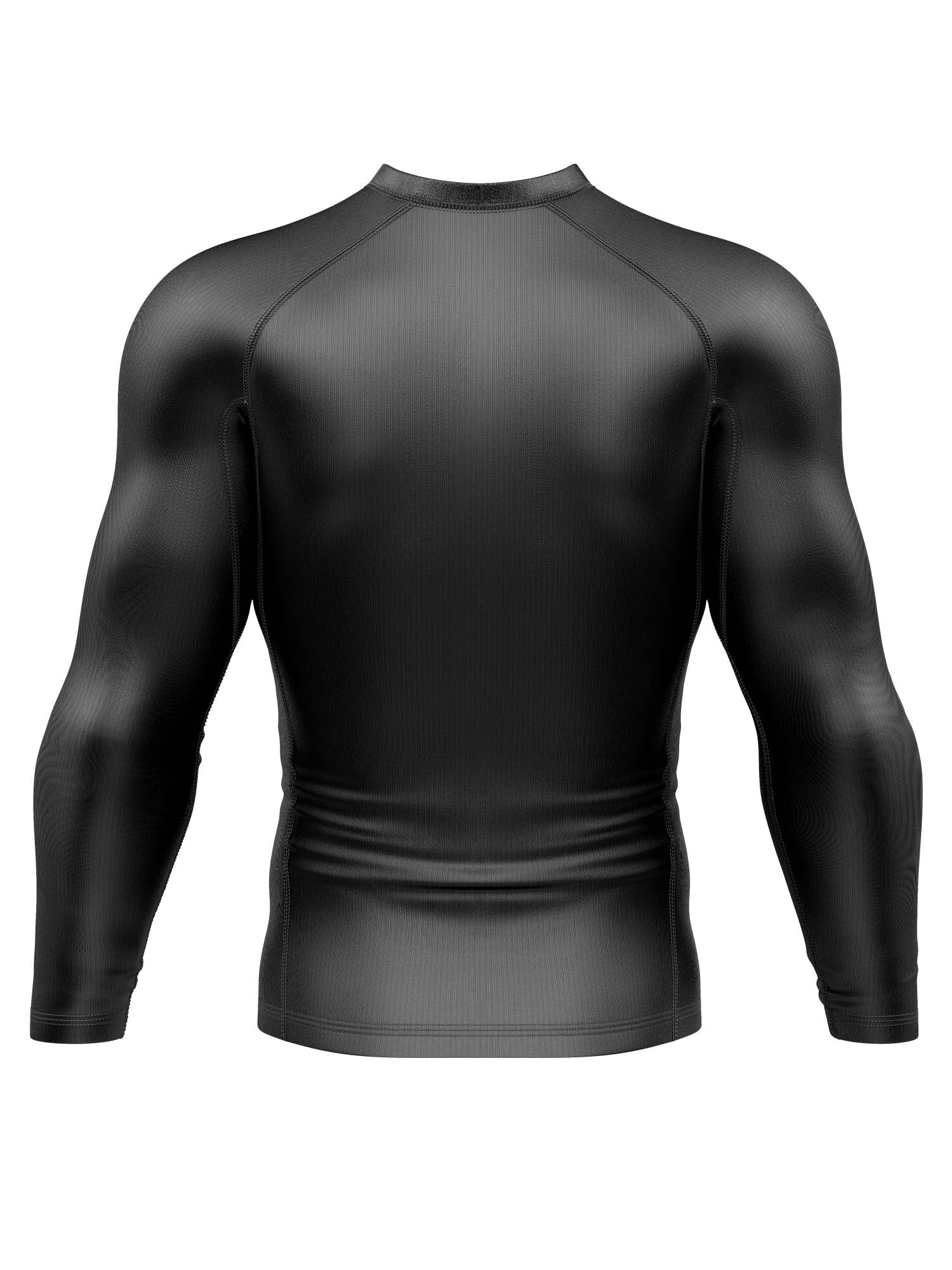 The Baseline Ranked Long Sleeve Rashguard Black is shown from the back on a white background. This fitted athletic shirt features long sleeves, a high neckline, smooth texture, and visible seams along the shoulders and arms.