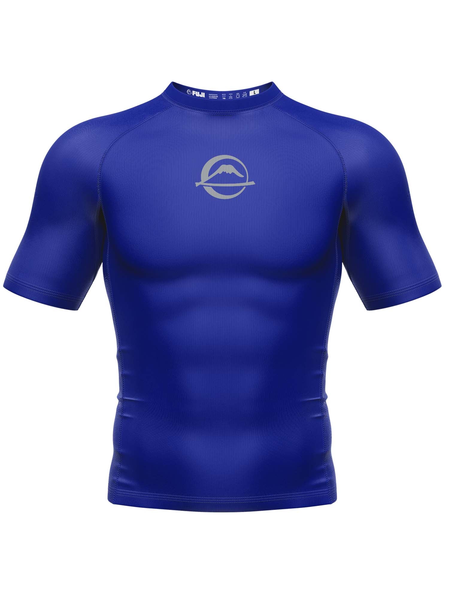 The Baseline Ranked Short Sleeve Rashguard Blue is a form-fitting athletic shirt with short sleeves, solid blue color, and a small white mountain logo with a ring on the chest, shown on a plain white background.