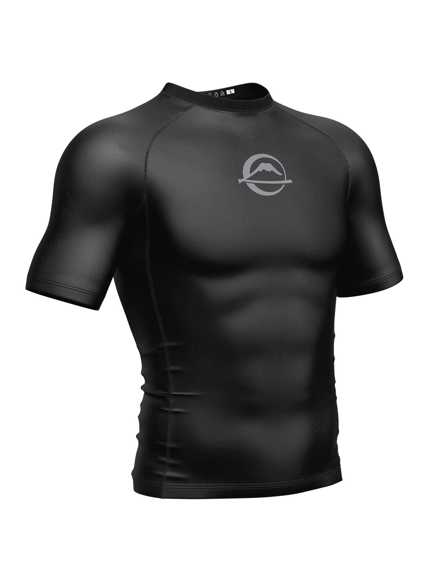 The Baseline Ranked Short Sleeve Rashguard Black is a fitted, short-sleeve compression shirt with a crew neck and sleek texture, featuring a subtle gray mountain logo inside a circle on the chest.