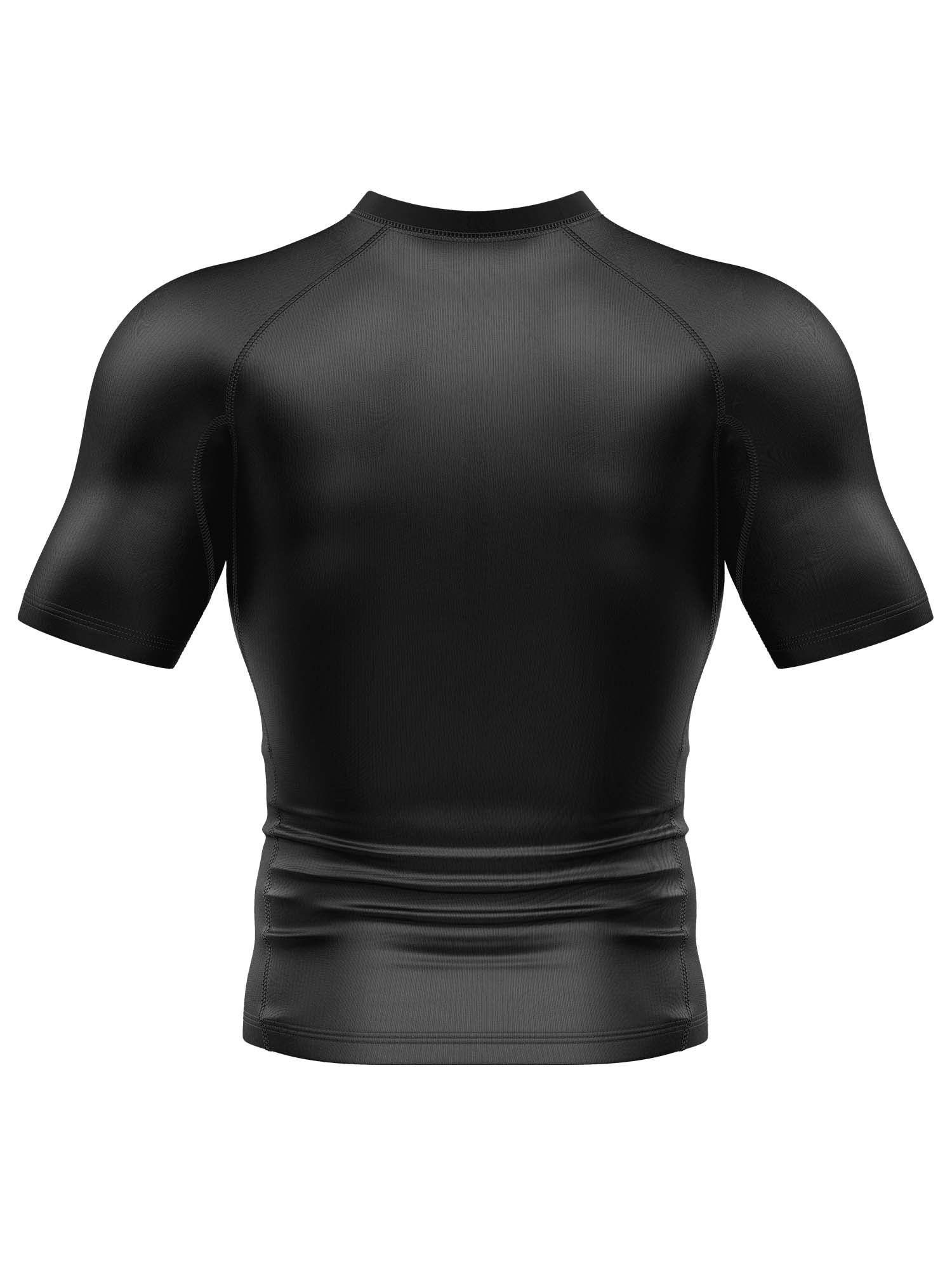 The Baseline Ranked Short Sleeve Rashguard Black is displayed from the back against a white background, featuring a fitted design with visible seam stitching.