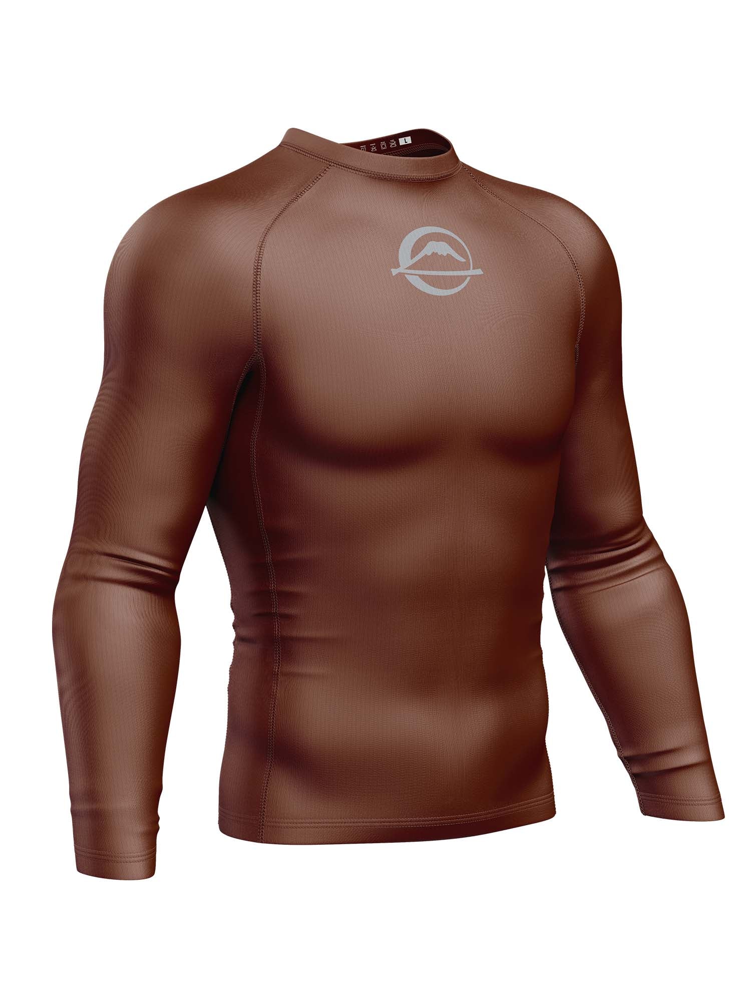 The Baseline Ranked Long Sleeve Rashguard Brown is a fitted, high-neck athletic shirt with long sleeves and a white circular chest logo, shown on a plain white background.