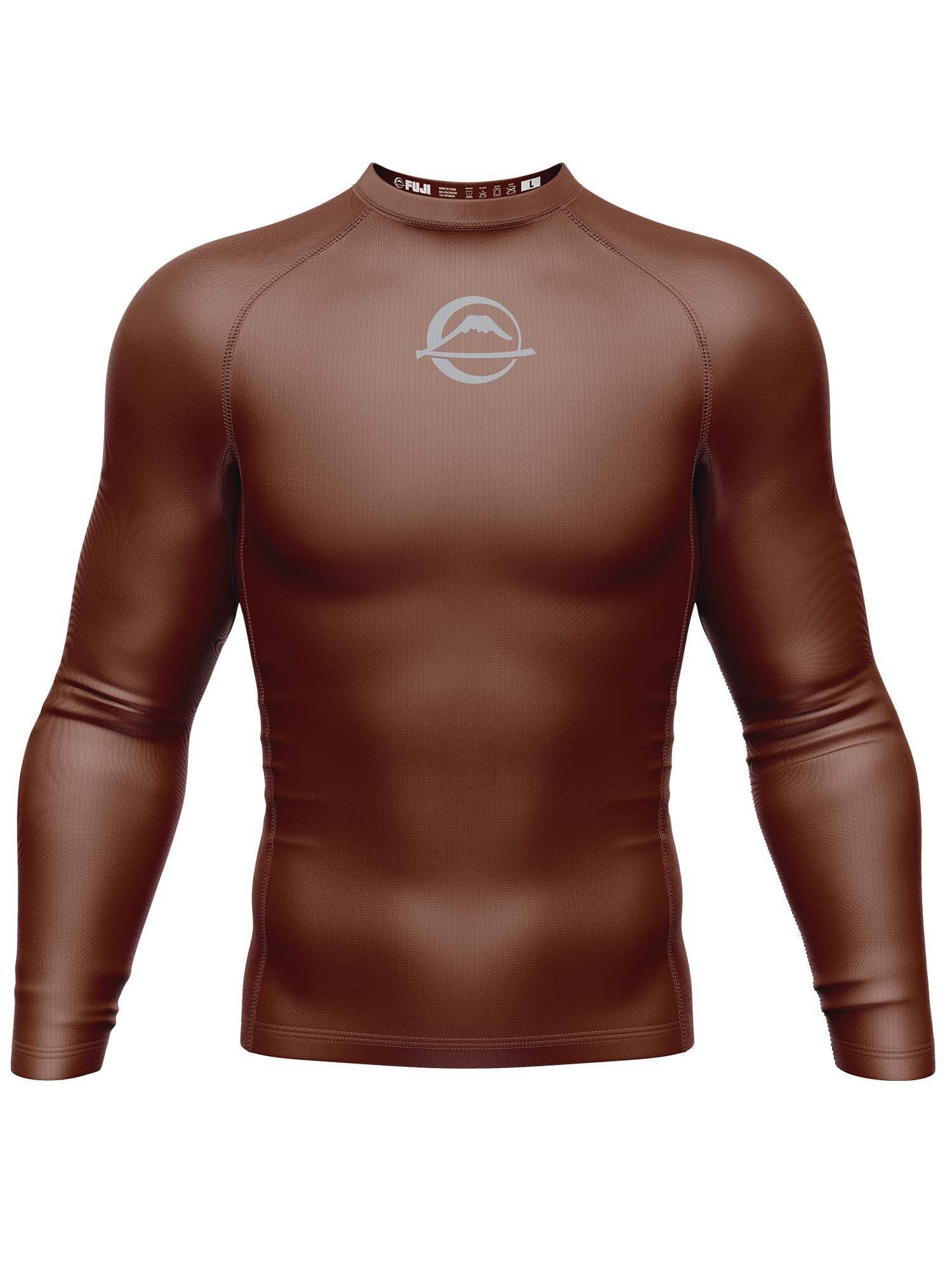 The Baseline Ranked Long Sleeve Rashguard Brown features a stylized mountain-and-ring logo on the chest and is shown on a plain mannequin.