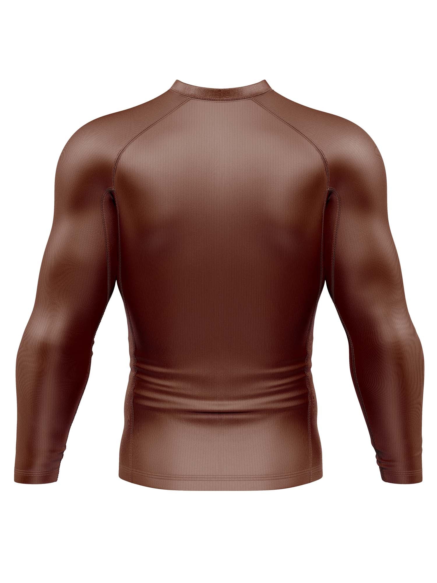 The Baseline Ranked Long Sleeve Rashguard in brown is shown from the back against a plain white background. This fitted athletic shirt features a smooth, shiny texture with no visible logos or patterns.