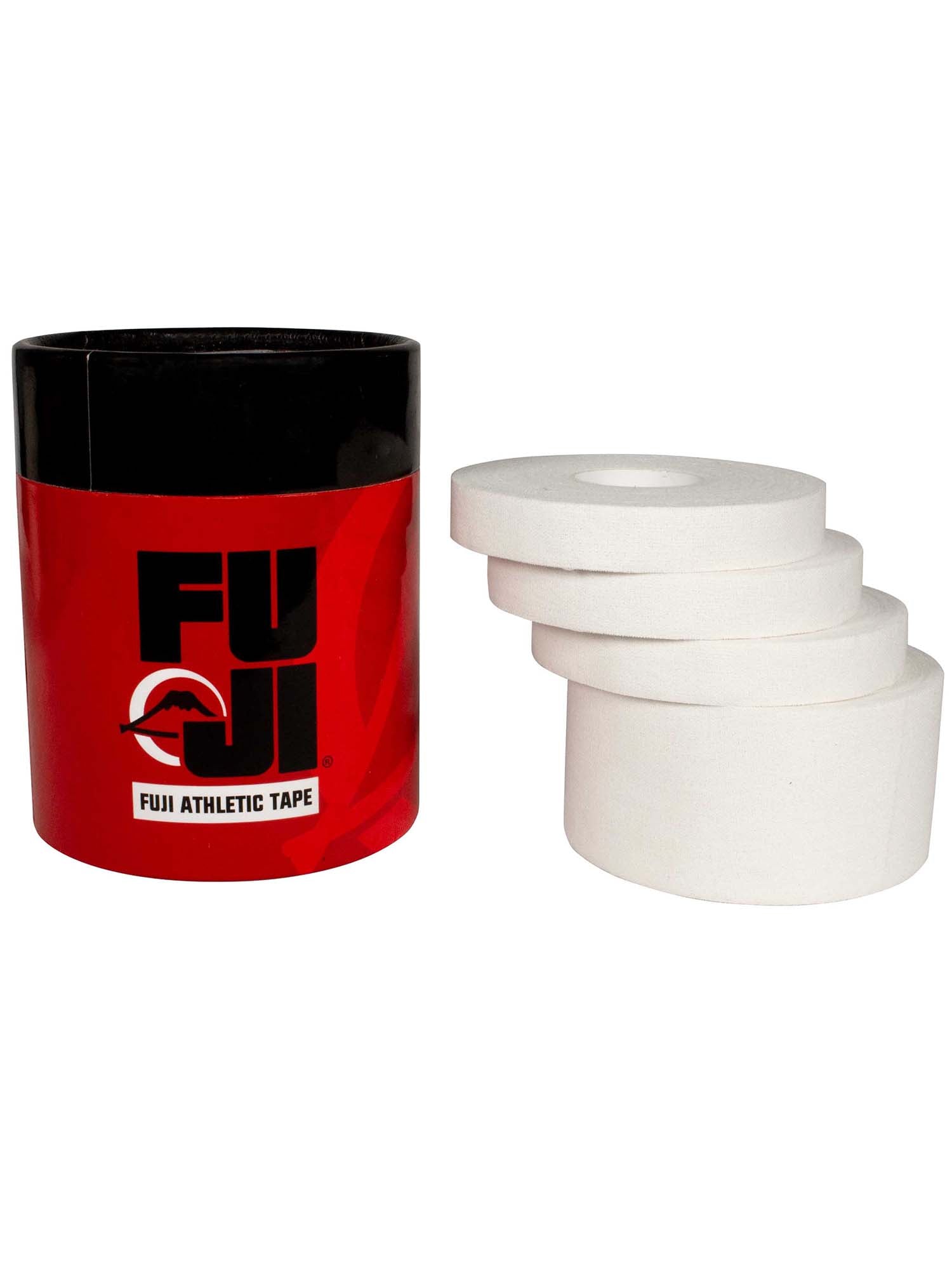 A Finger and Joint Tape Combo Pack (4 Count) with a red and black container is shown next to four rolls of white athletic tape stacked at an angle on a white background.