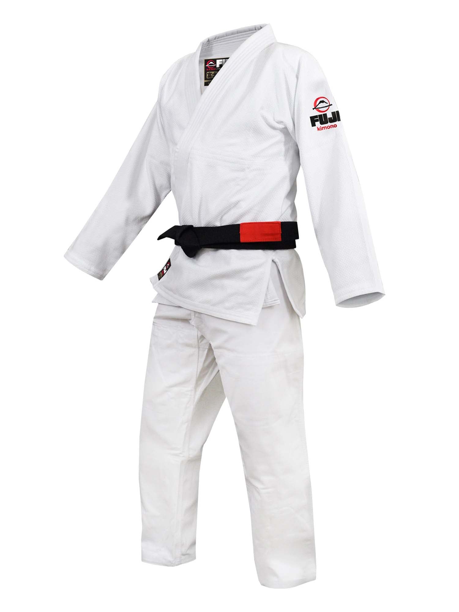 The All Around BJJ Gi White features a black belt, Fuji logo on the left sleeve, and an embroidered patch on the upper left chest.