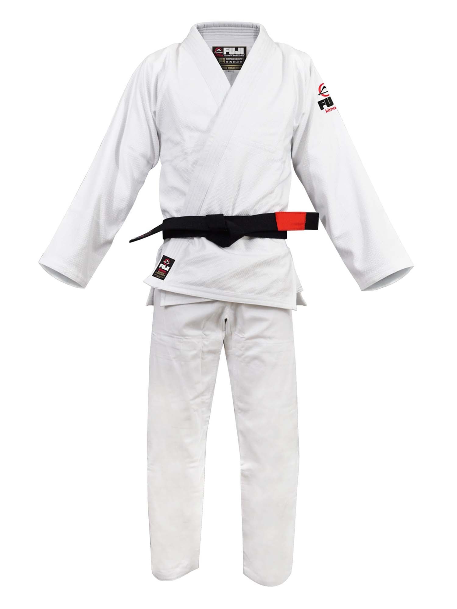 The All Around BJJ Gi White is displayed upright and empty, featuring a black belt and patches on the chest and upper sleeve.