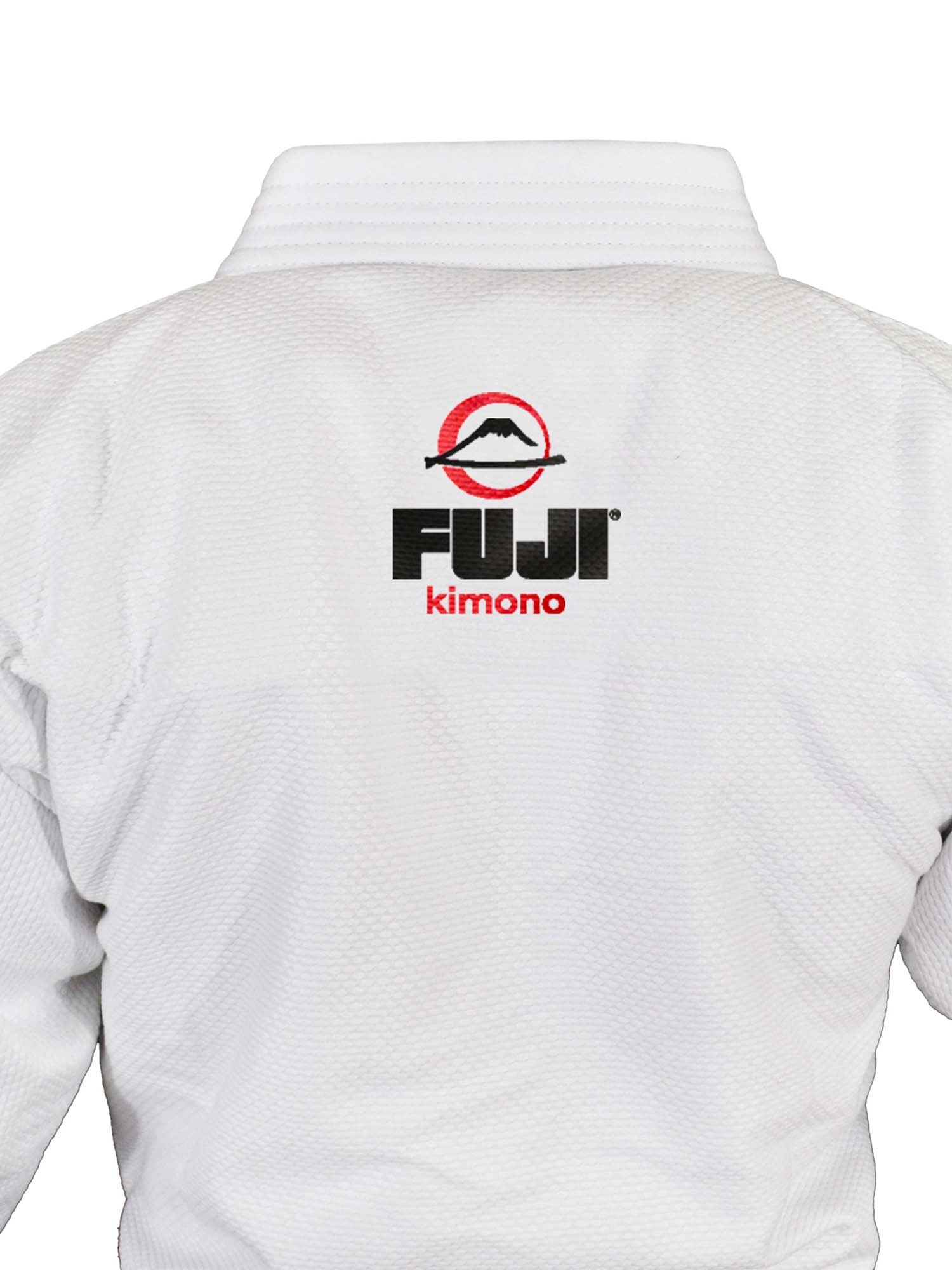 Back view of the All Around BJJ Gi White featuring the FUJI kimono logo and a red mountain design embroidered on the upper back.