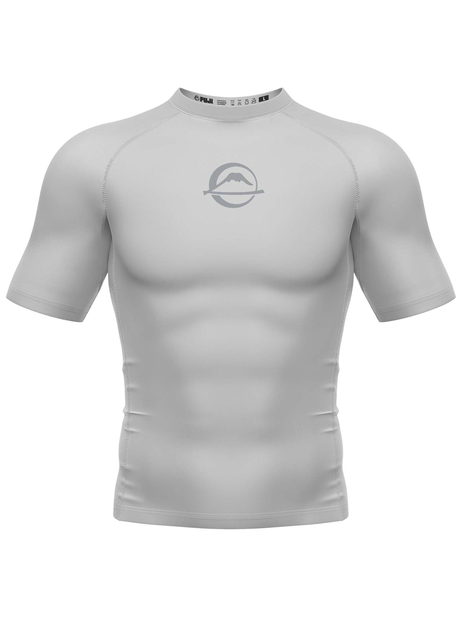 The Baseline Ranked Short Sleeve Rashguard in light gray is shown on a plain white background, featuring a simple mountain logo within a circular border on the chest.