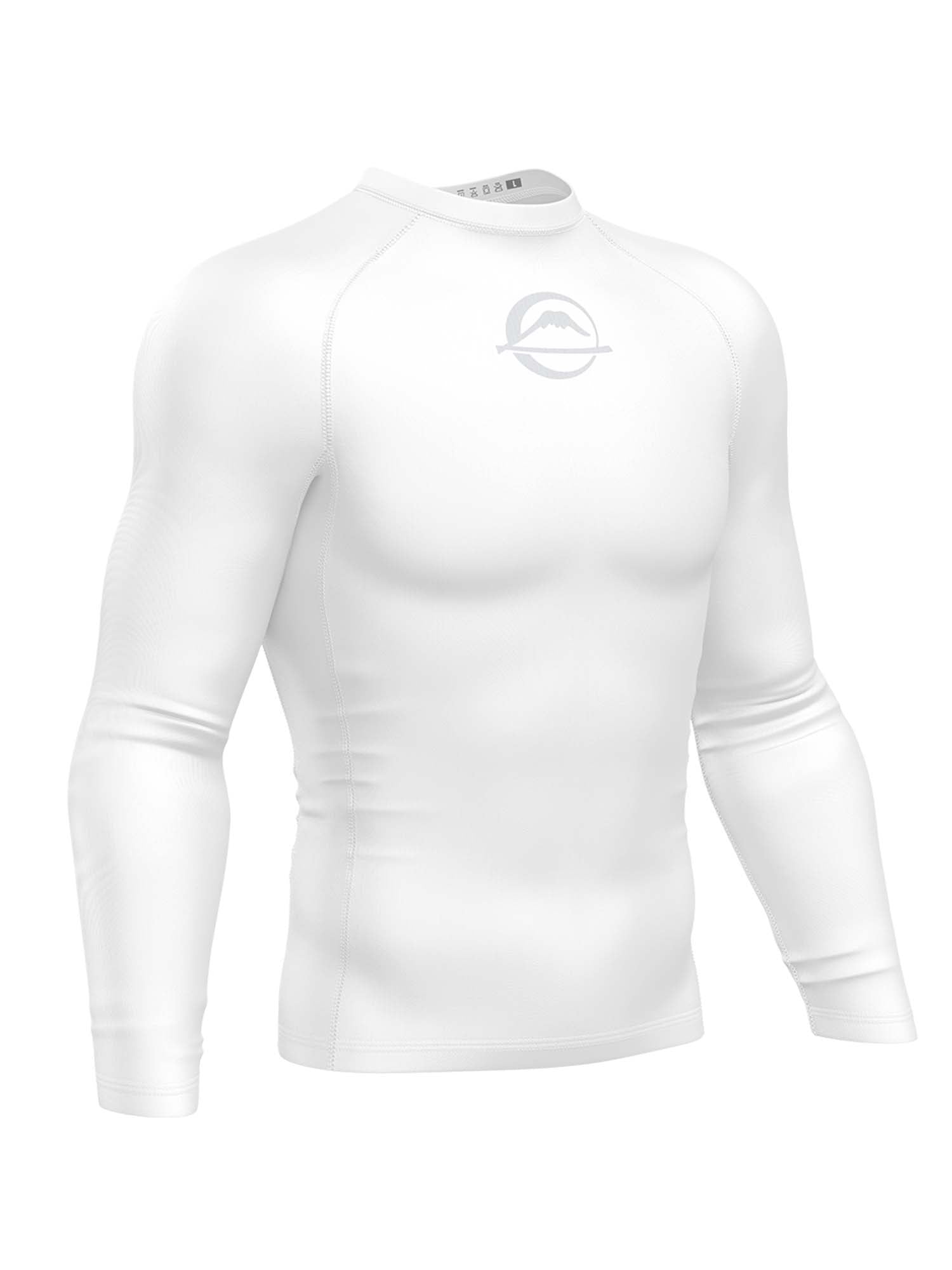 The Baseline Ranked Long Sleeve Rashguard White is a fitted white athletic compression shirt, featuring subtle shoulder and side stitching and a small circular logo on the chest, displayed against a plain white background.