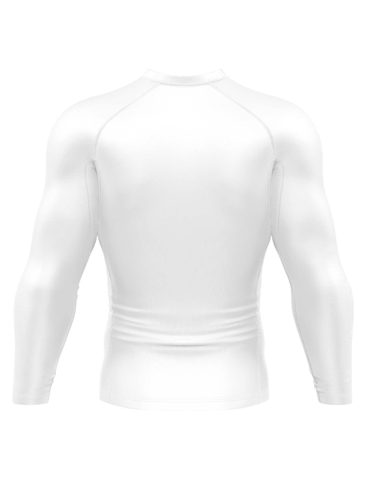 The Baseline Ranked Long Sleeve Rashguard White is displayed from the back, highlighting its plain white, fitted athletic design against a white background.