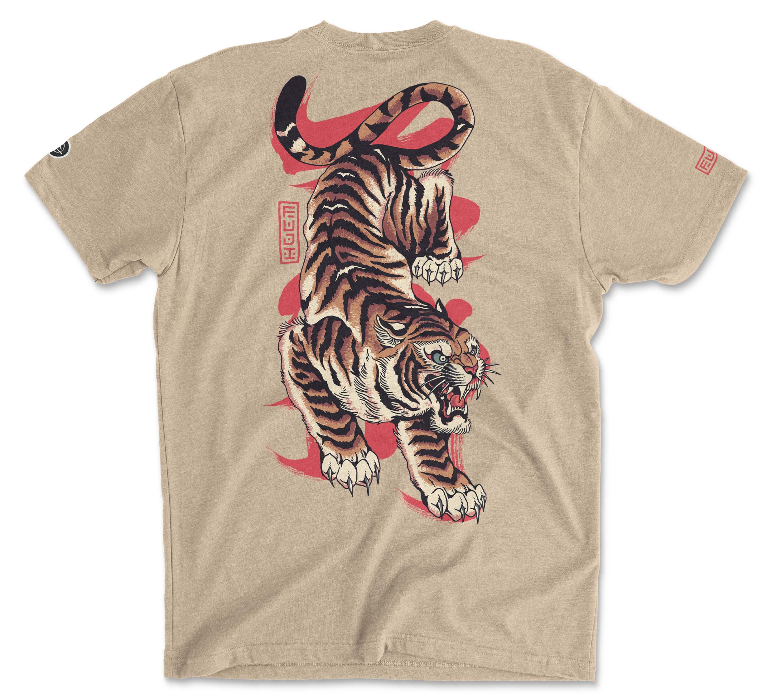 The Tora T-Shirt Cream features a large, detailed illustration of a roaring tiger mid-leap with red accents and Japanese-style symbols on the back.