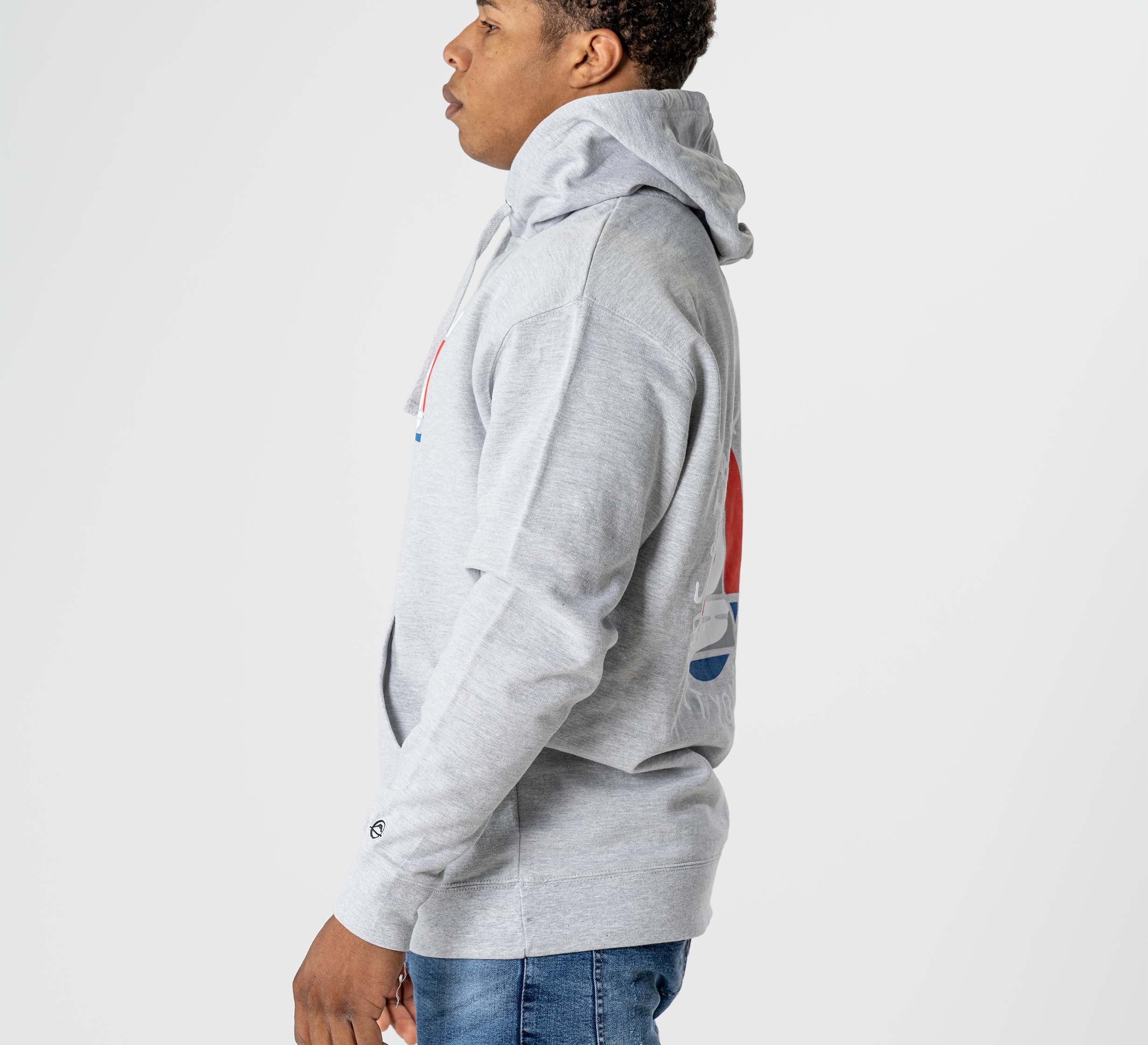 A man in profile wears the Submit Your Ego Hoodie in heather grey with the hood up and blue jeans, standing against a plain white background.