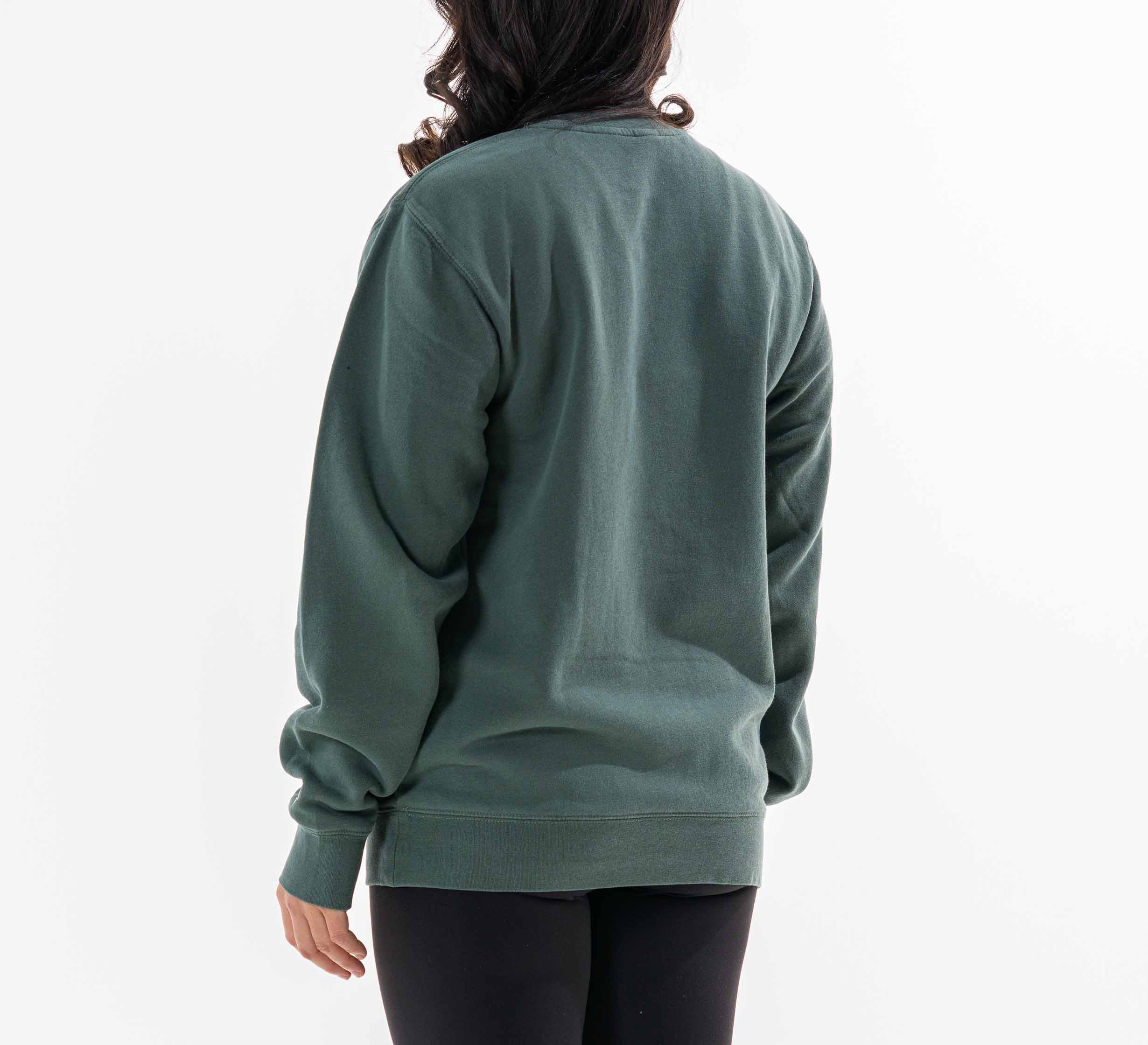 A person with long, wavy dark hair is seen from the back wearing the Womens Signature Crewneck Green and black pants against a plain white background.