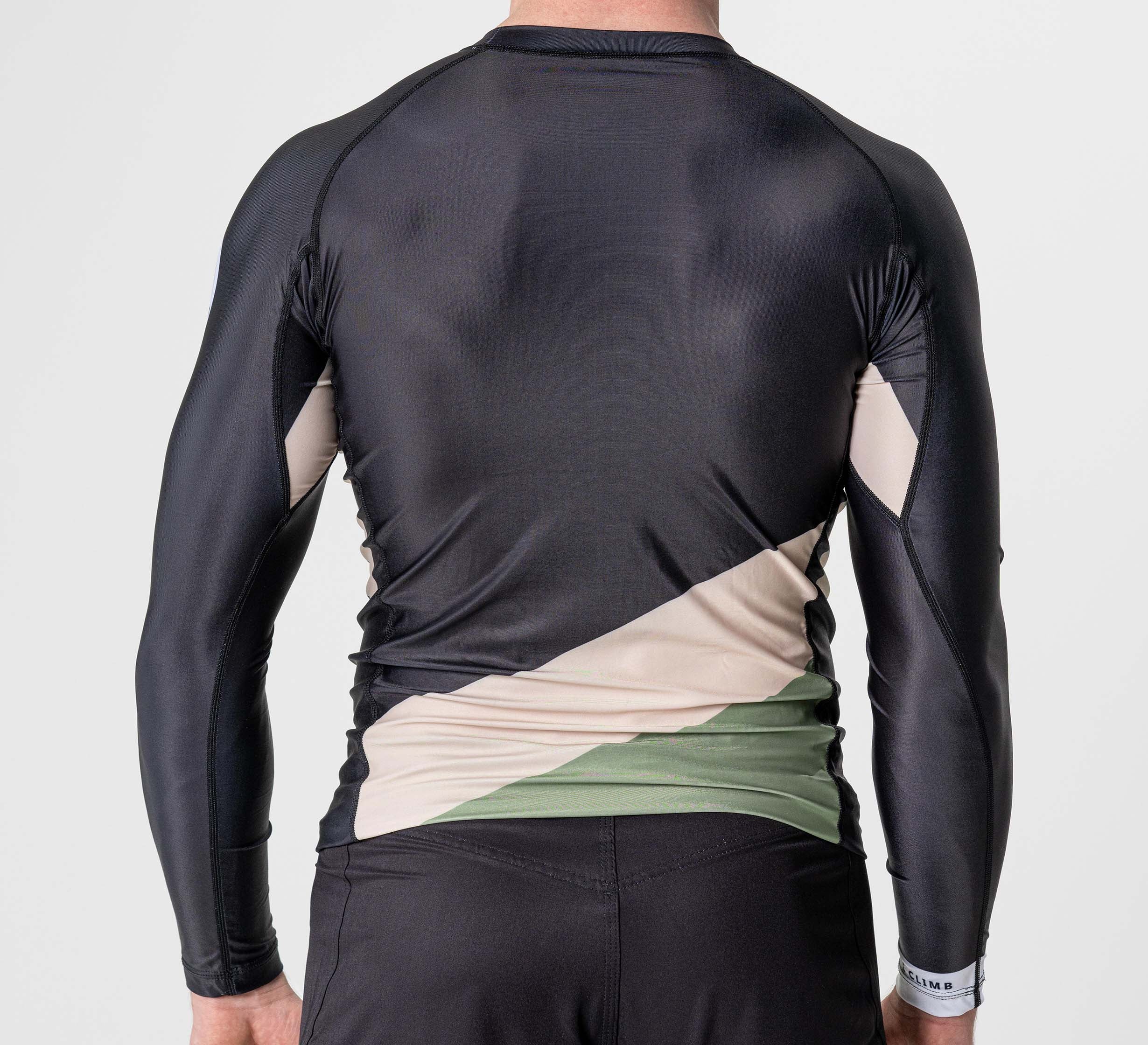 A person shown from the back wears the Pacer Flex Lite Long Sleeve Rashguard Black, featuring fitted design and black, beige, and green geometric patterns, against a plain white background.