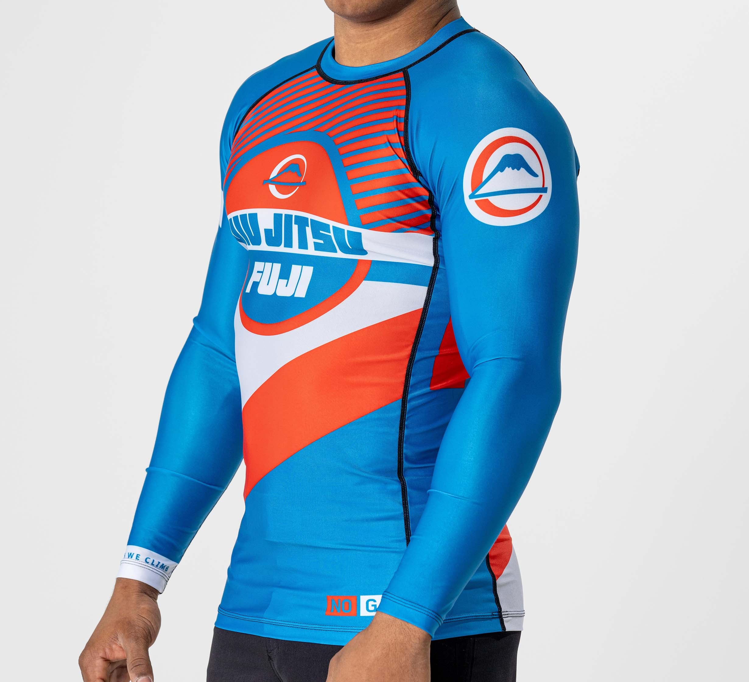 A person wears the Pacer Flex Lite Long Sleeve Rashguard Blue/Red, featuring bold graphics and a mountain logo on the sleeve, shown from shoulders to waist.