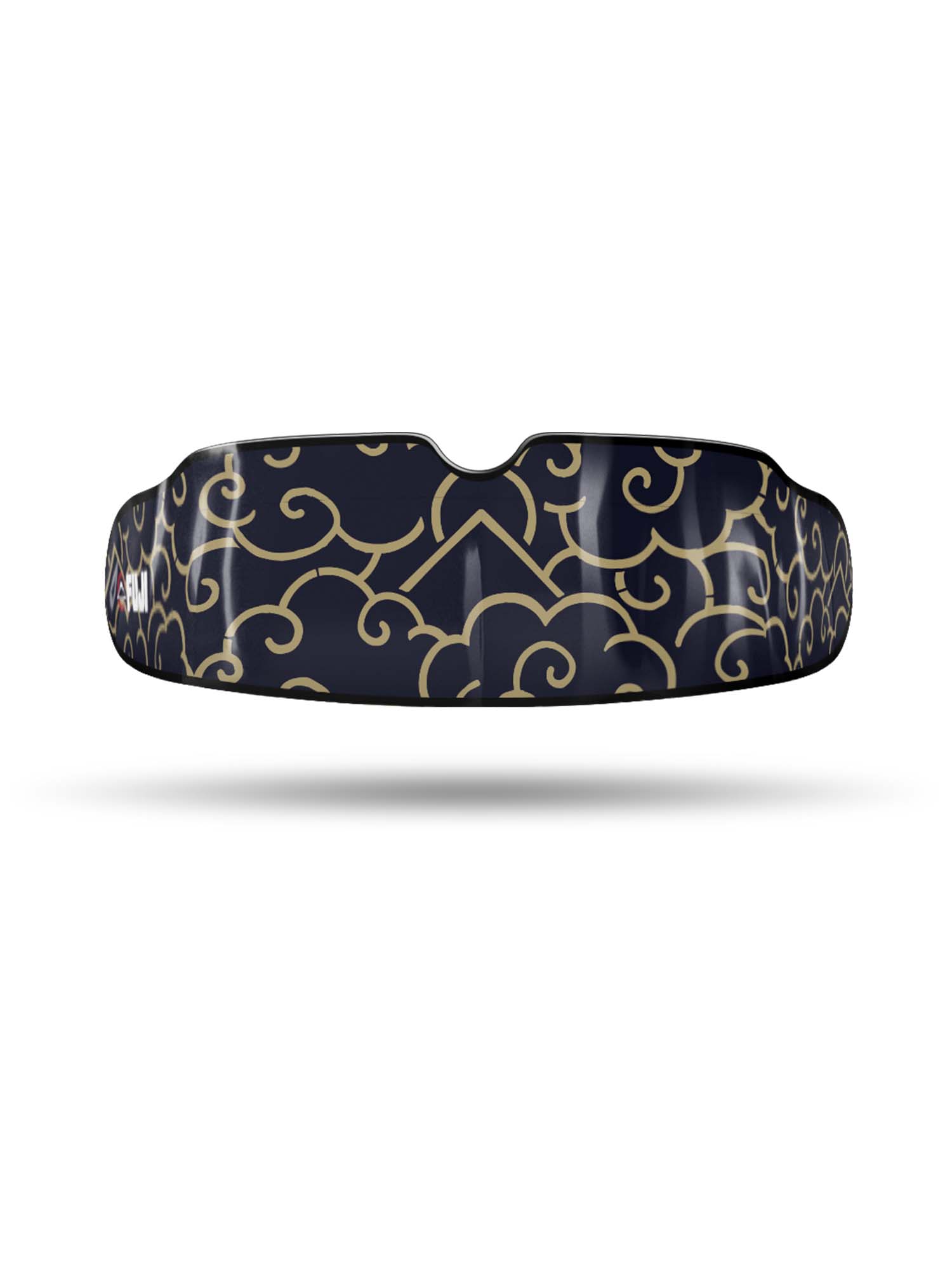 The FUJI Quick Fit Mouth Guard with case – Black Gold Cloud is a black sports mouthguard featuring an elegant gold swirling cloud pattern, shown against a white background with a shadow beneath it.