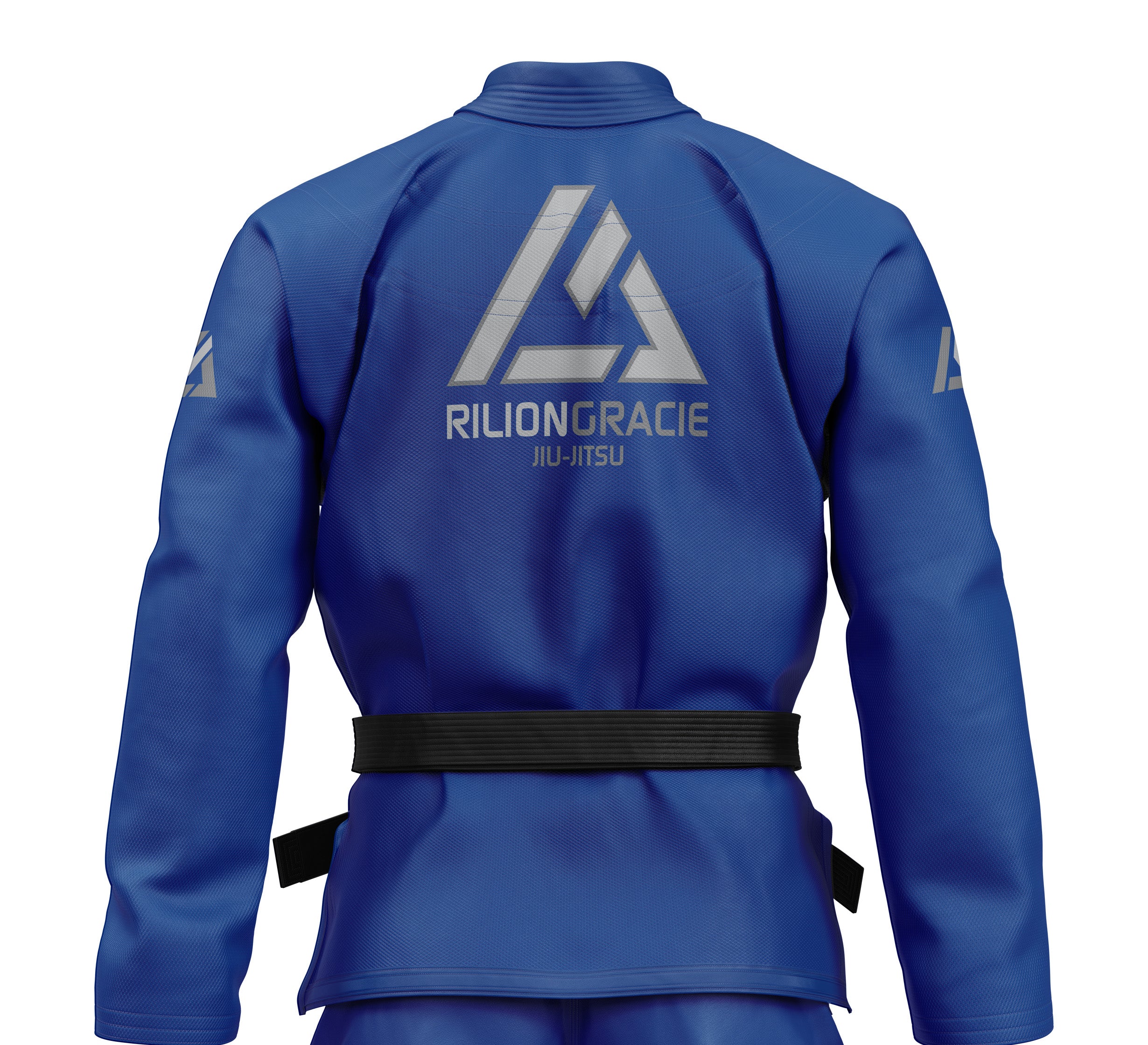 A woman wears the Womens Rilion Gracie Competition BJJ Gi Blue with a black belt. The back displays a large silver Rilion Gracie Jiu-Jitsu logo and geometric designs.