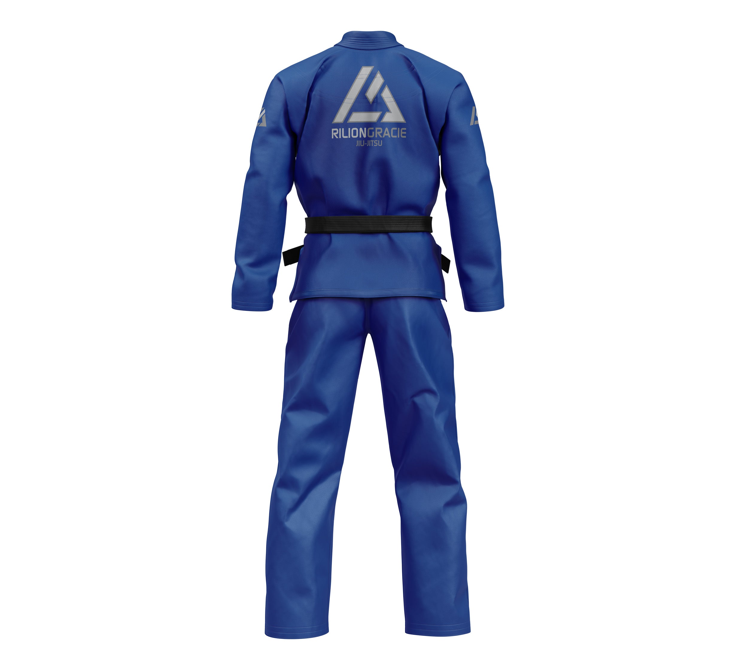 A Womens Rilion Gracie Competition BJJ Gi Blue with a black belt is shown on a mannequin from the back, featuring "RILION GRACIE" and a logo printed on the upper back.