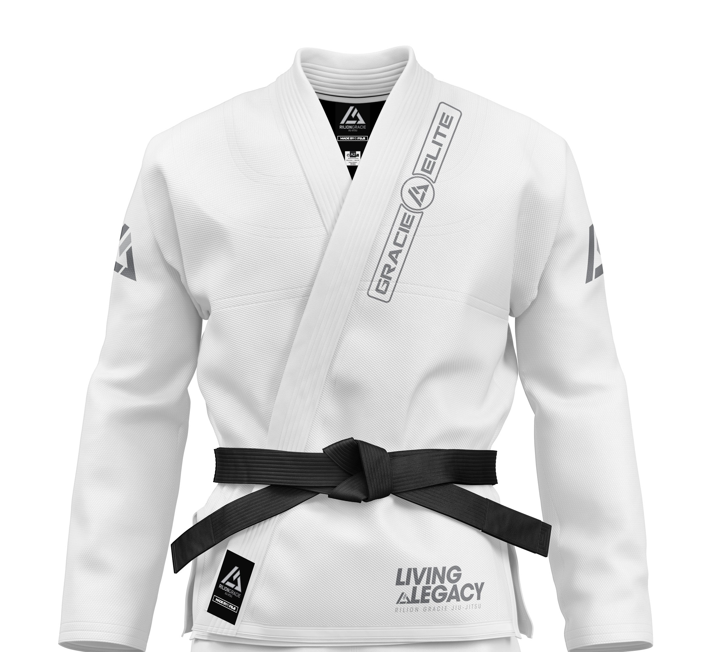 The Womens Rilion Gracie Competition BJJ Gi White features a black belt, Gracie Elite and triangle chest logos, Living Legacy label on the lower front, plus extra logos on the sleeves and hip.