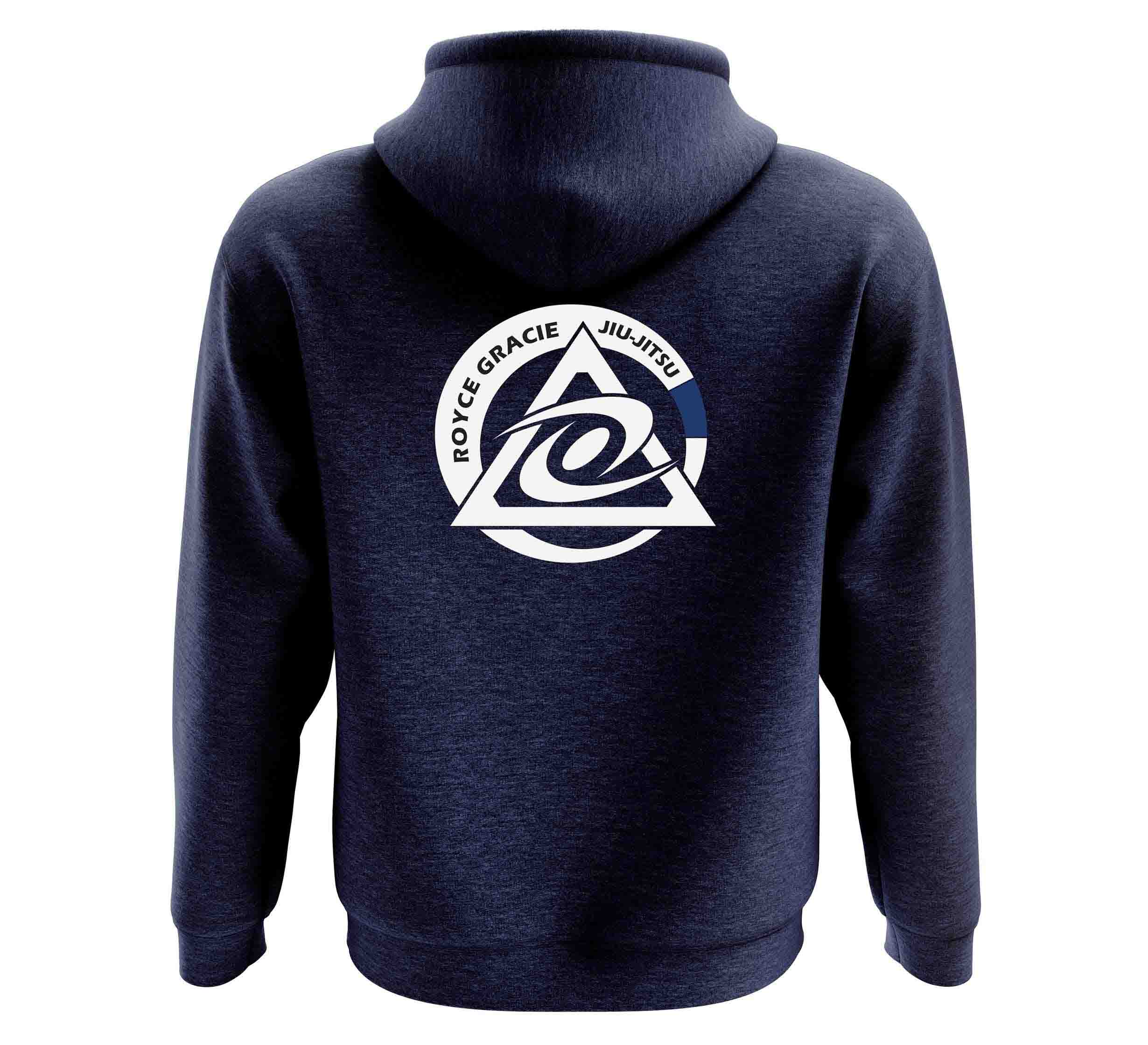 The Kids Royce Gracie Pullover Hoodie Navy is displayed from the back, featuring a white logo with a triangle, circular wave design, and the text "Royce Gracie Jiu-Jitsu.
